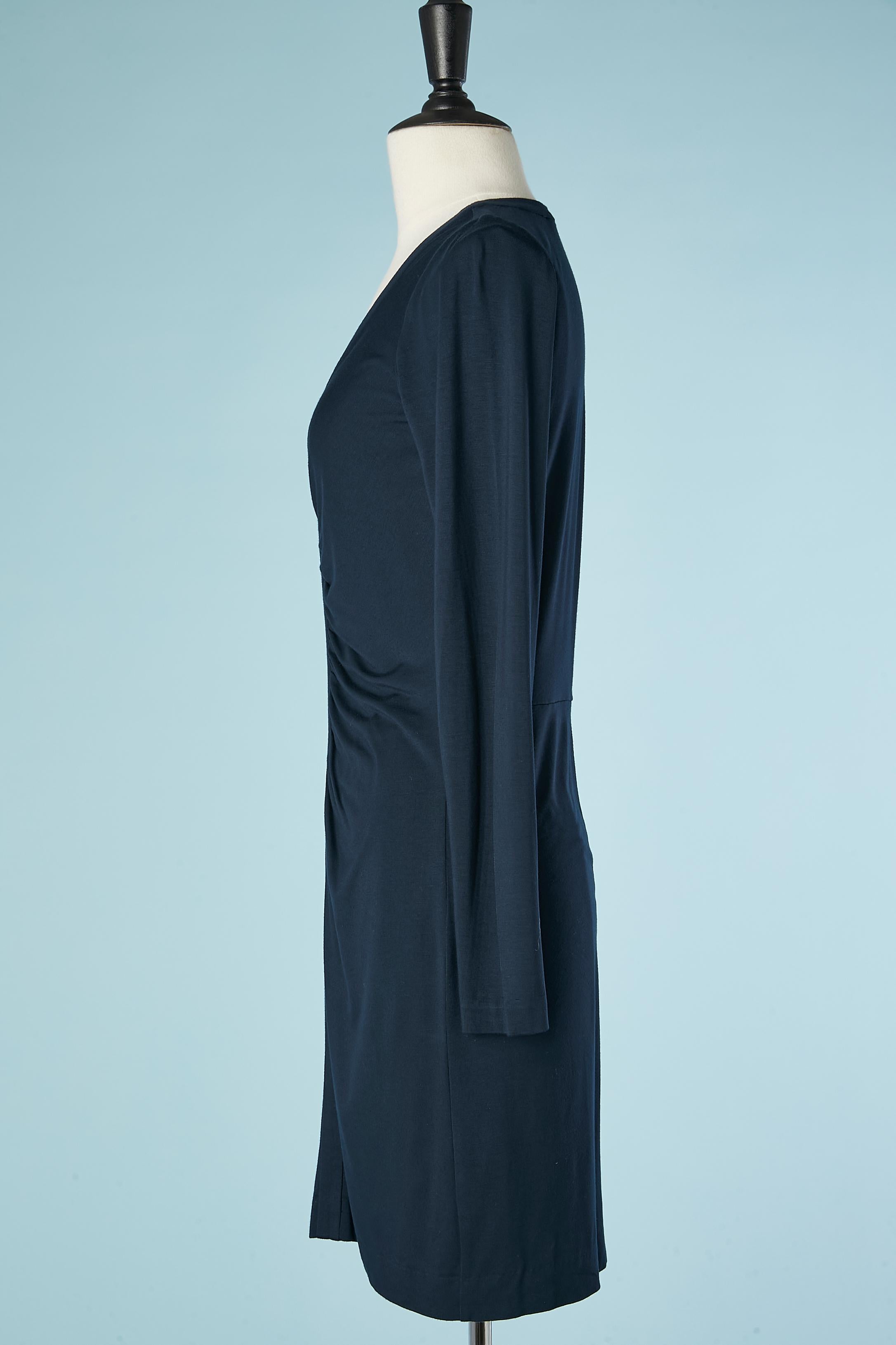 Black Navy blue cotton jersey dress draped in the front Diane Von Furstenberg  For Sale