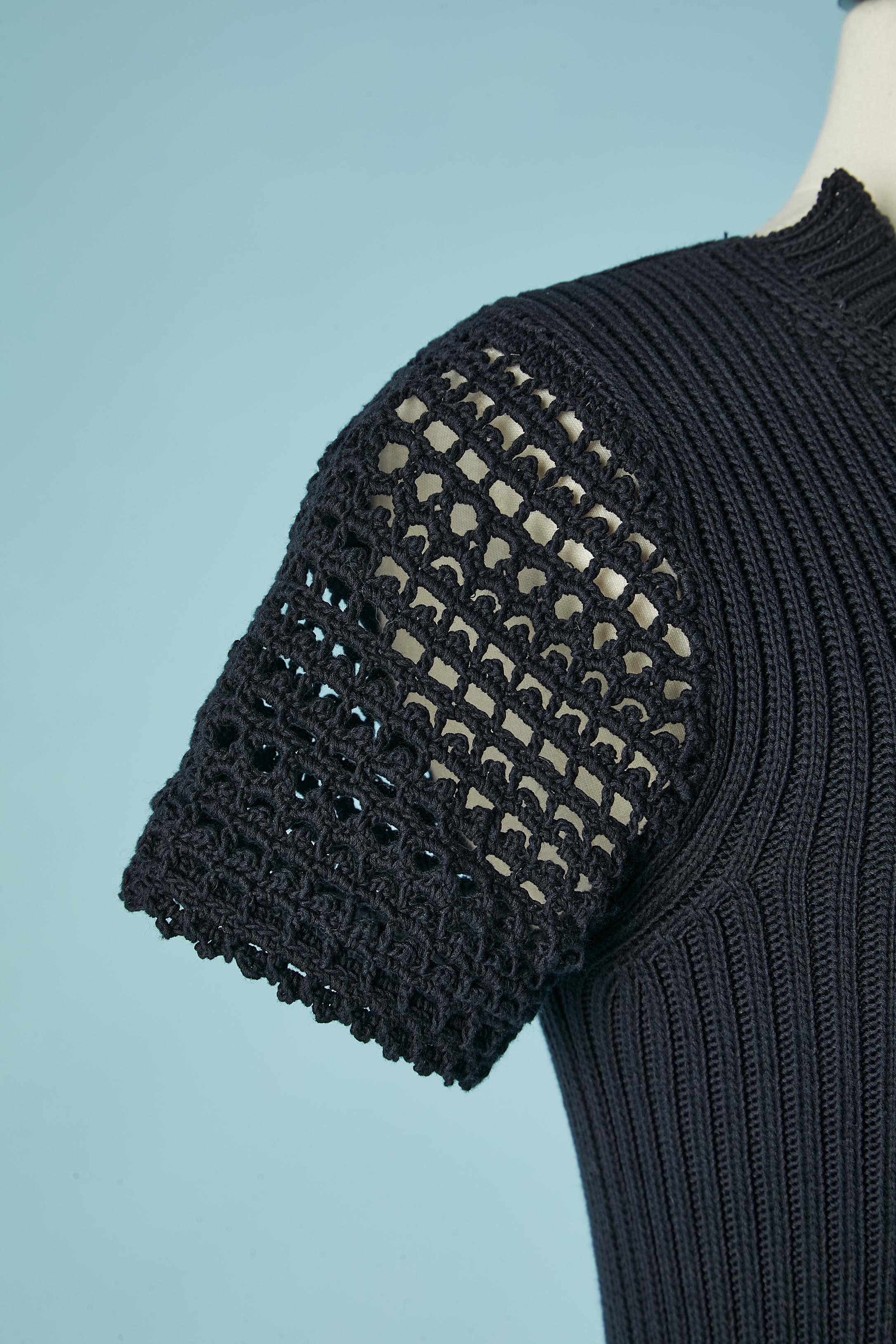 Black Navy blue cotton knit dress with crochet sleeve PRADA For Sale