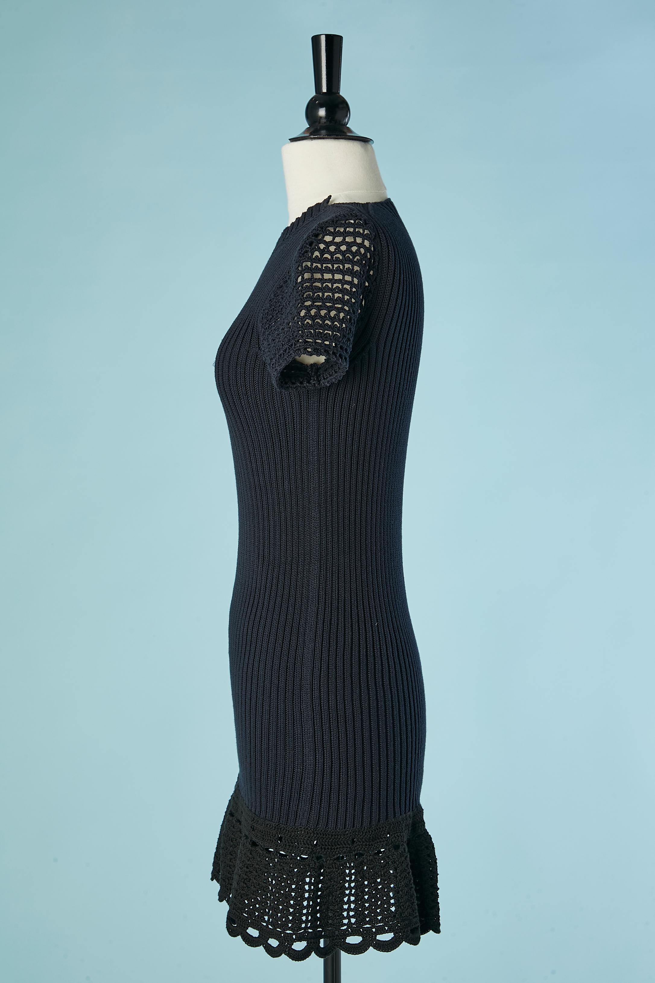 Women's Navy blue cotton knit dress with crochet sleeve PRADA For Sale