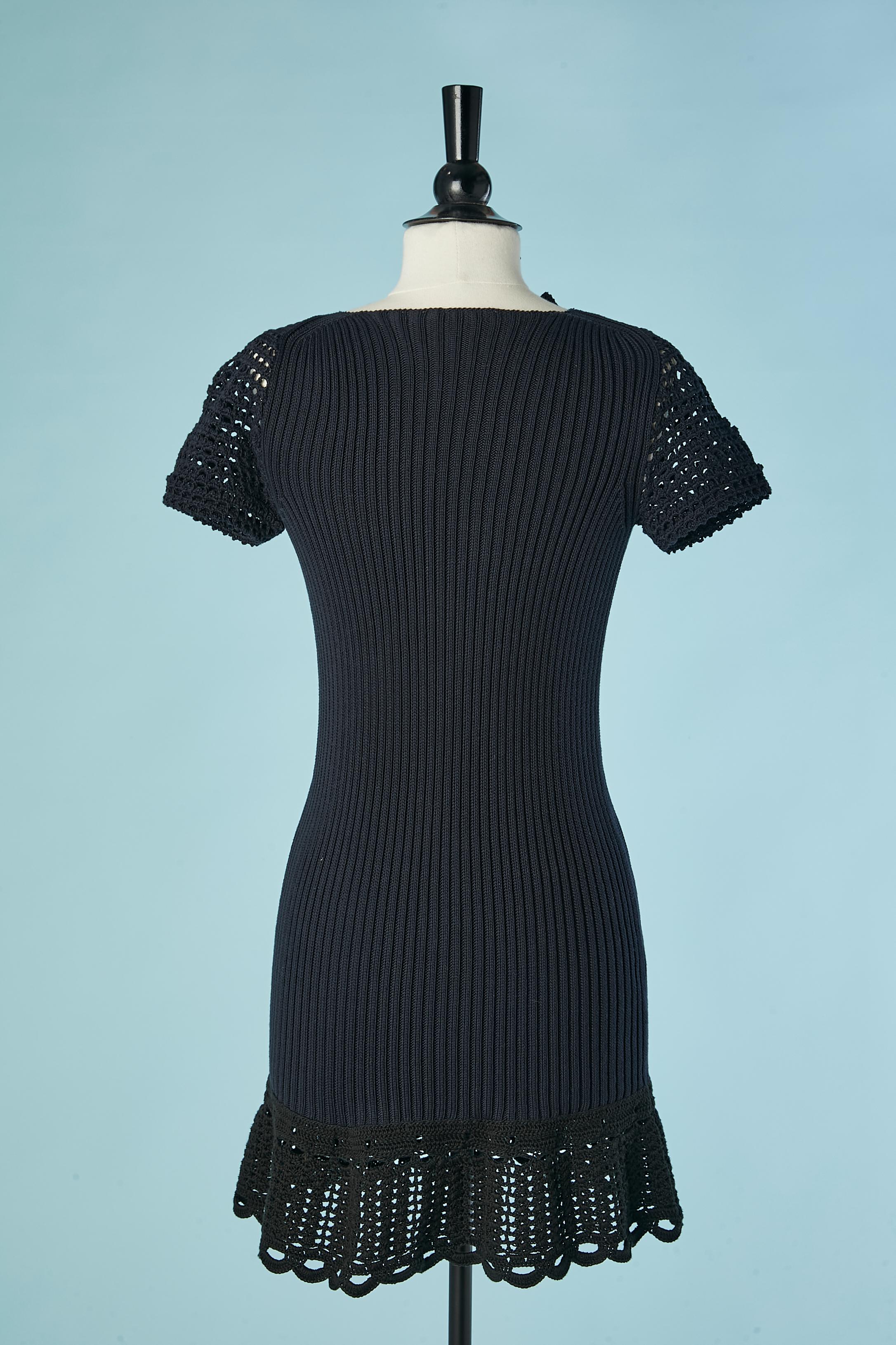 Navy blue cotton knit dress with crochet sleeve PRADA For Sale 1