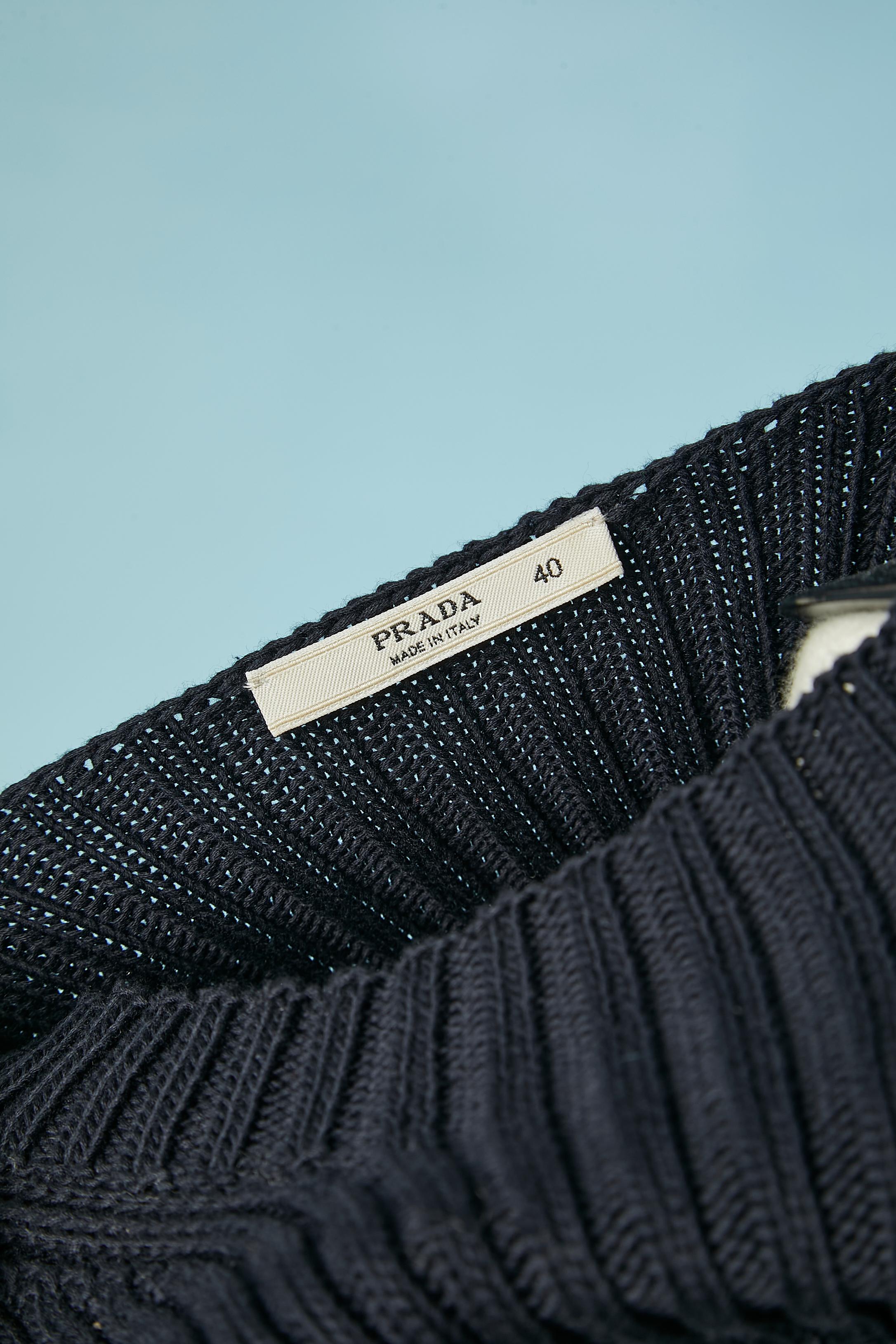 Navy blue cotton knit dress with crochet sleeve PRADA For Sale 2
