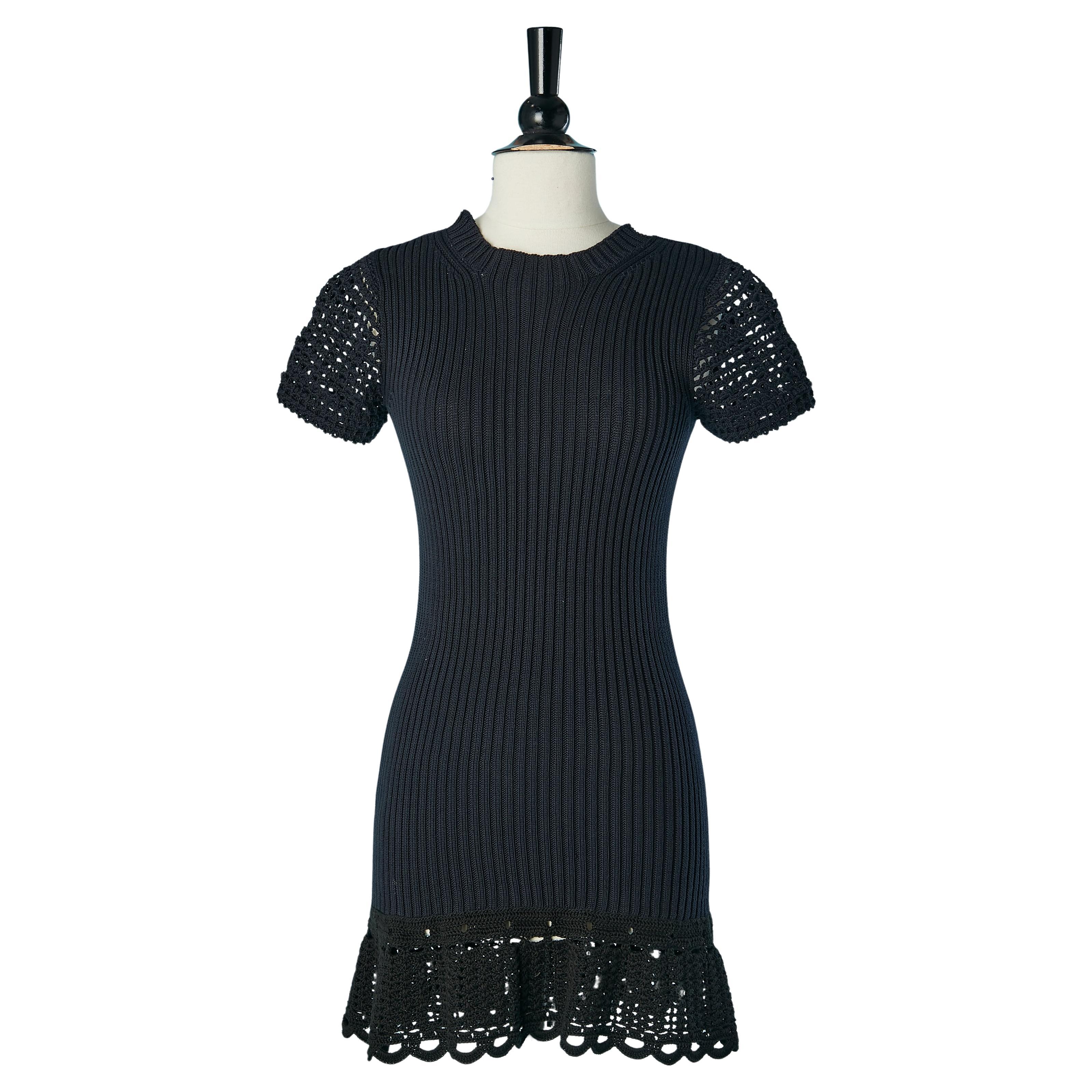 Navy blue cotton knit dress with crochet sleeve PRADA For Sale
