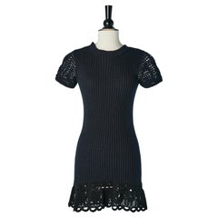 Navy blue cotton knit dress with crochet sleeve PRADA