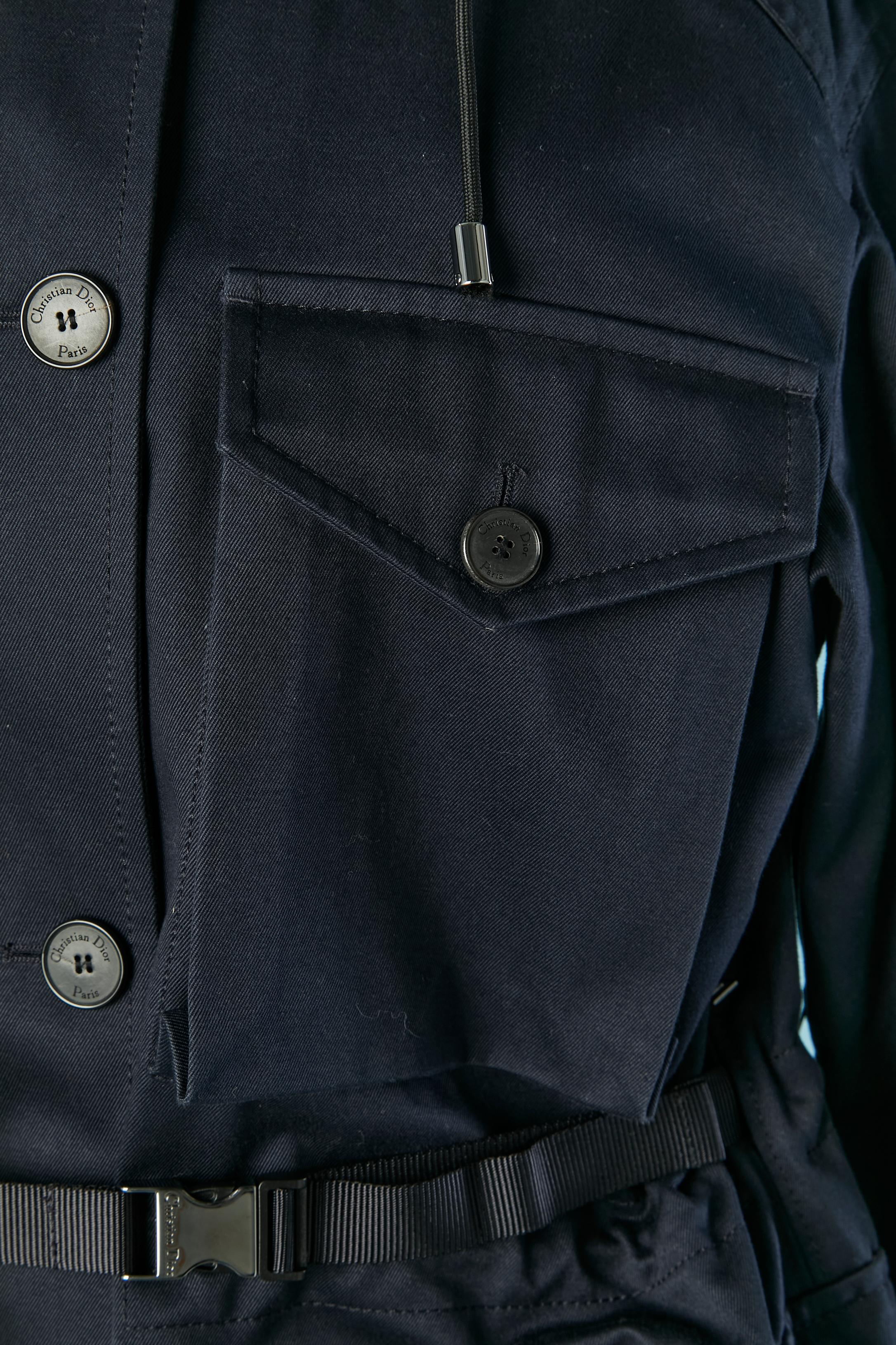 Nero Parka in cotone blu navy con cappuccio e tasca CHRISTIAN DIOR in vendita