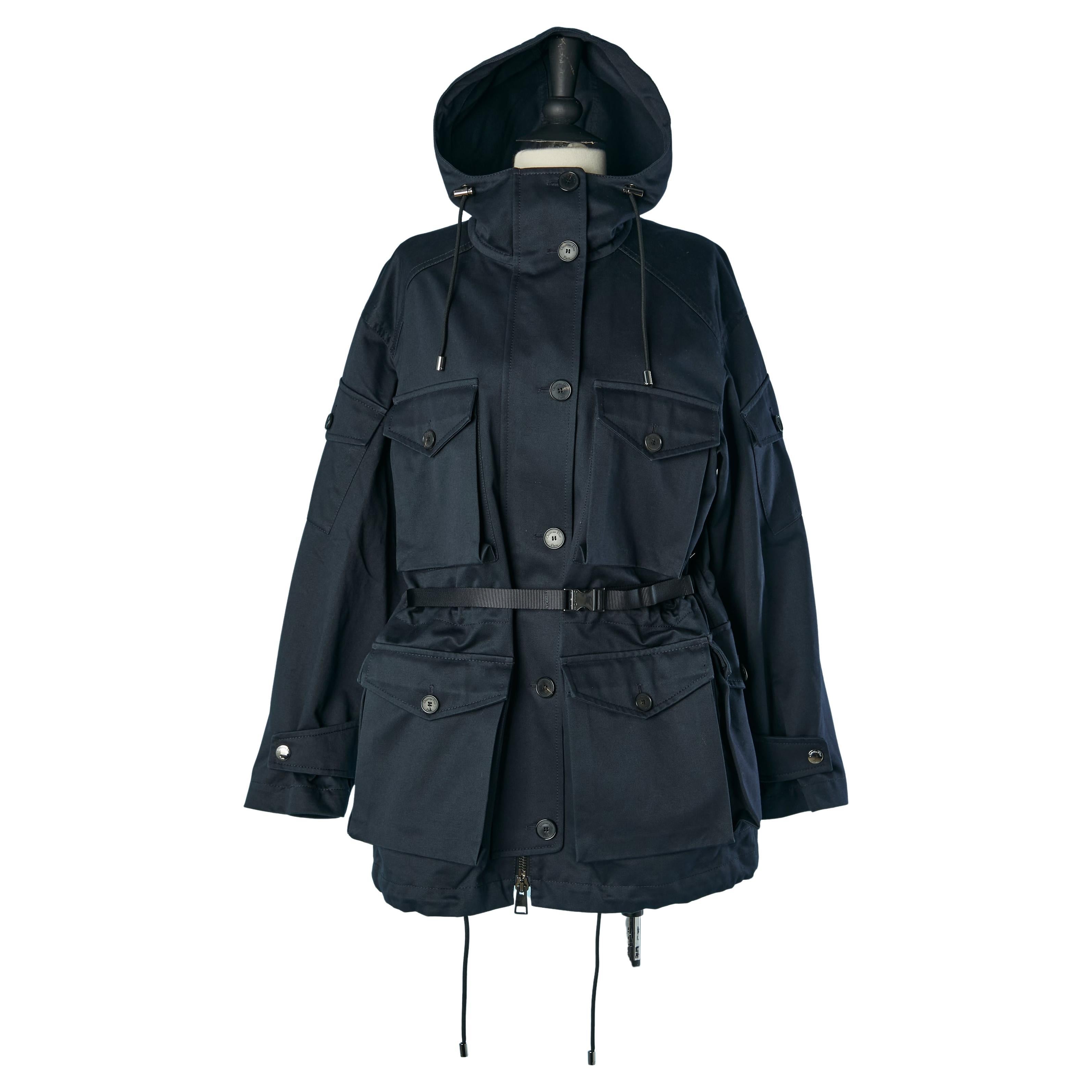 Parka in cotone blu navy con cappuccio e tasca CHRISTIAN DIOR in vendita