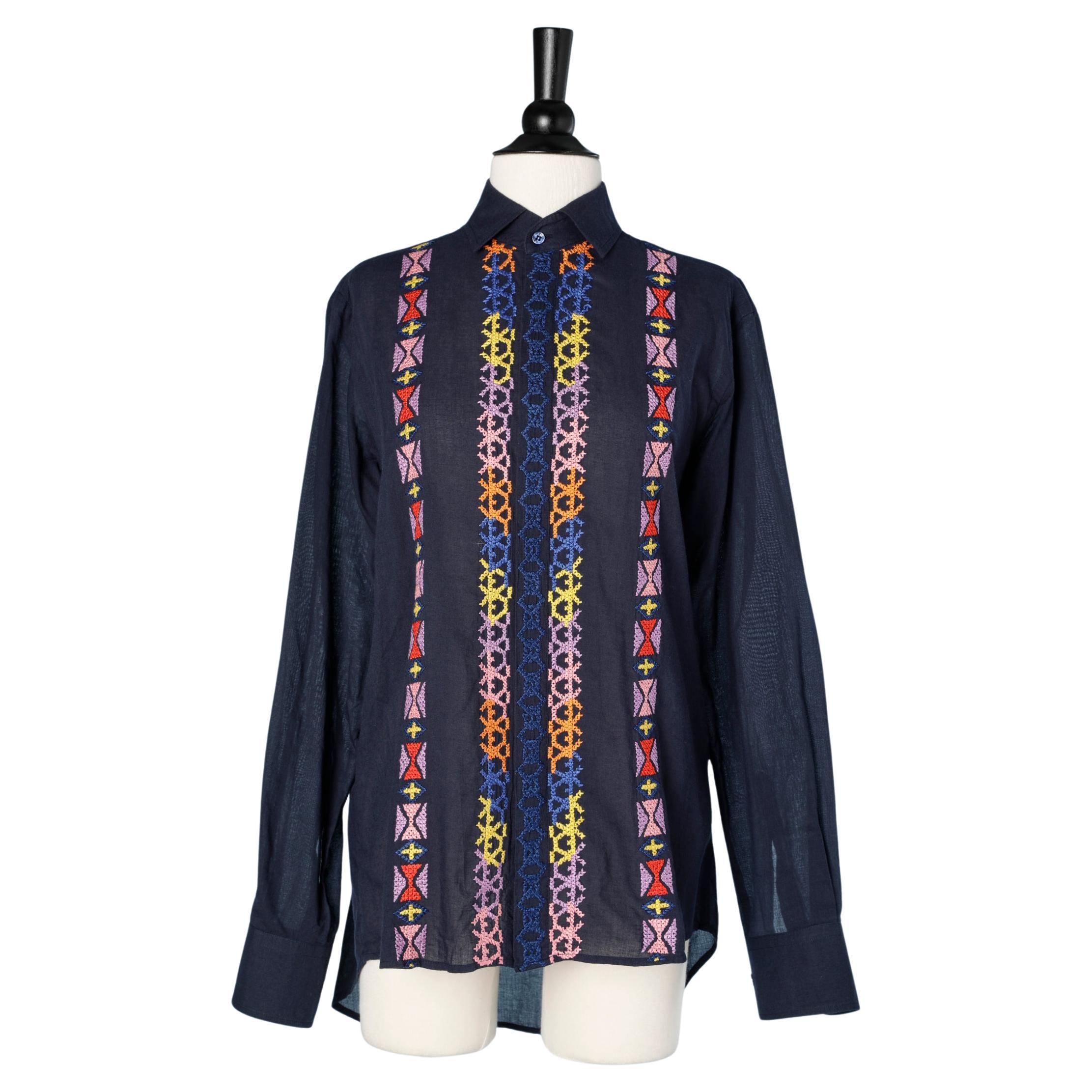 Navy blue cotton shirt with multicolor cotton threads embroideries ETRO  For Sale