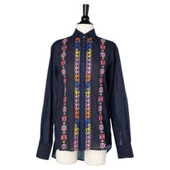 Navy blue cotton shirt with multicolor cotton threads embroideries ETRO 