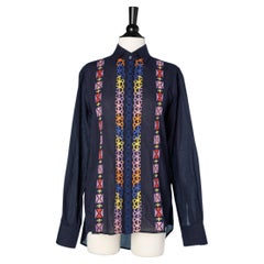 Chemise en coton bleu marine avec broderies en fils de coton multicolores ETRO