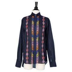 Chemise en coton bleu marine avec broderies en fils de coton multicolores ETRO 