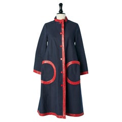 Navy blue cotton single breasted coat with red PVC piping Pierre Cardin Création