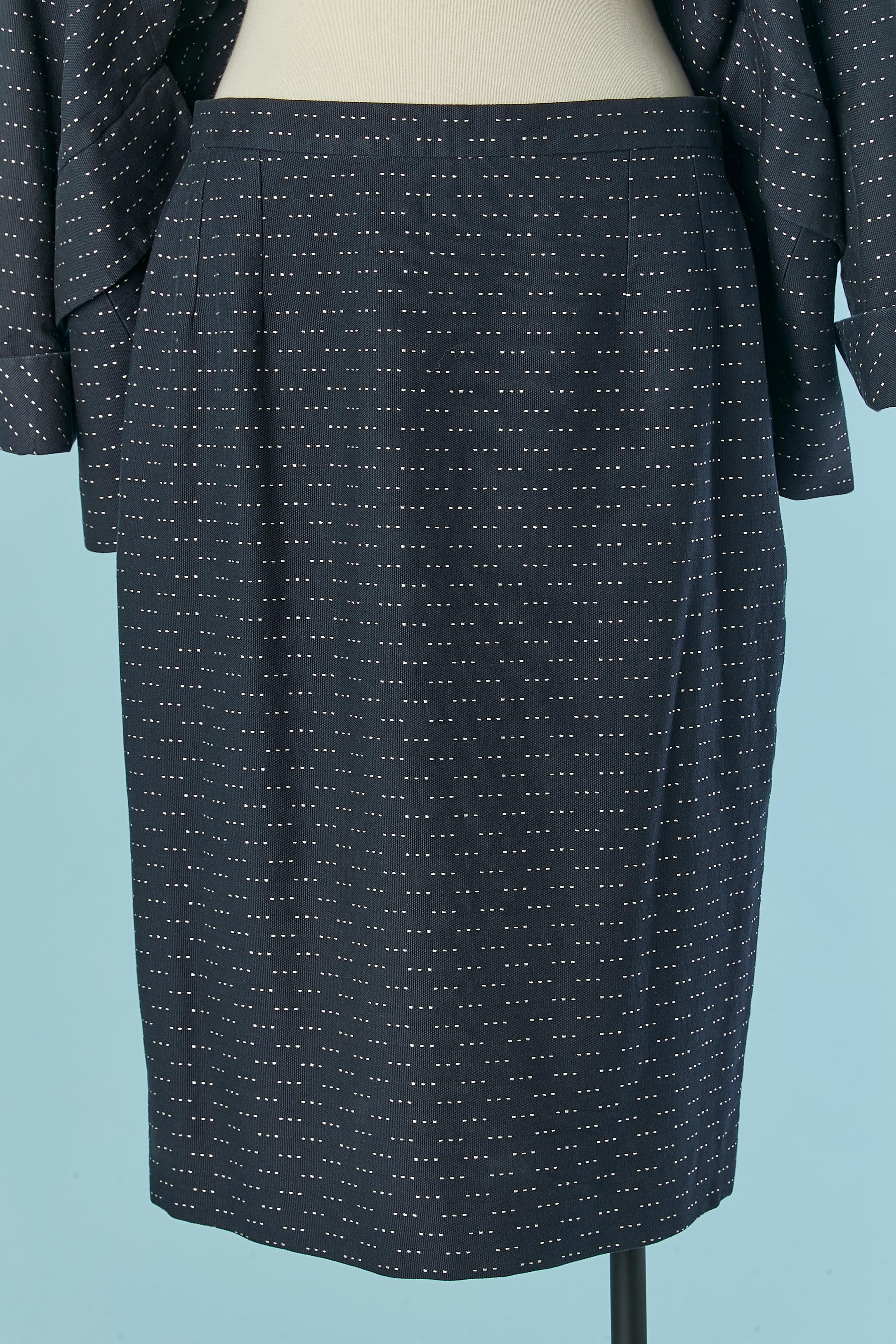 Women's Navy blue cotton skirt-suit with white stitches Jacques Fath for Neiman Marcus For Sale