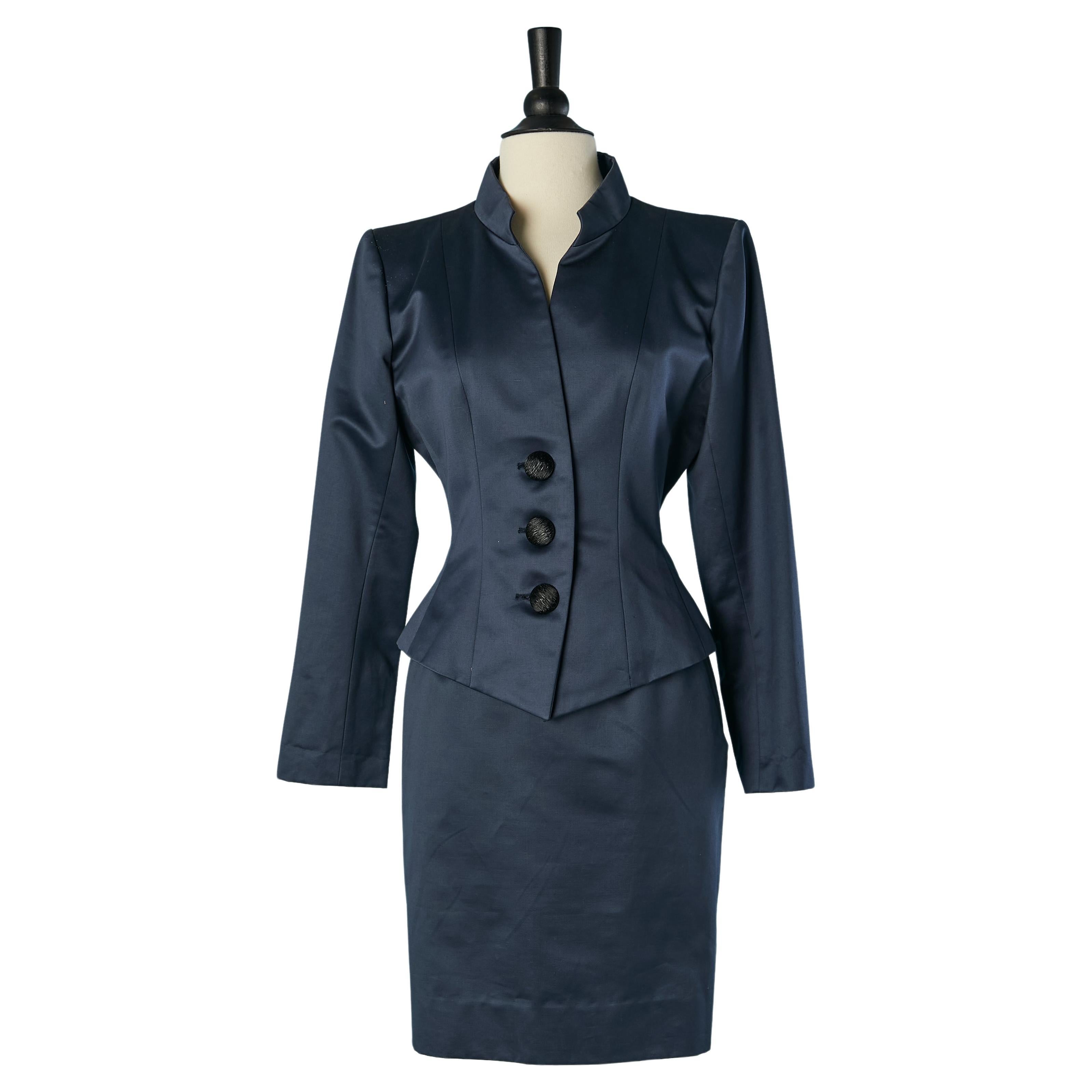 Navy blue cotton skirt-suit Yves Saint Laurent Rive Gauche SS 1992 For Sale