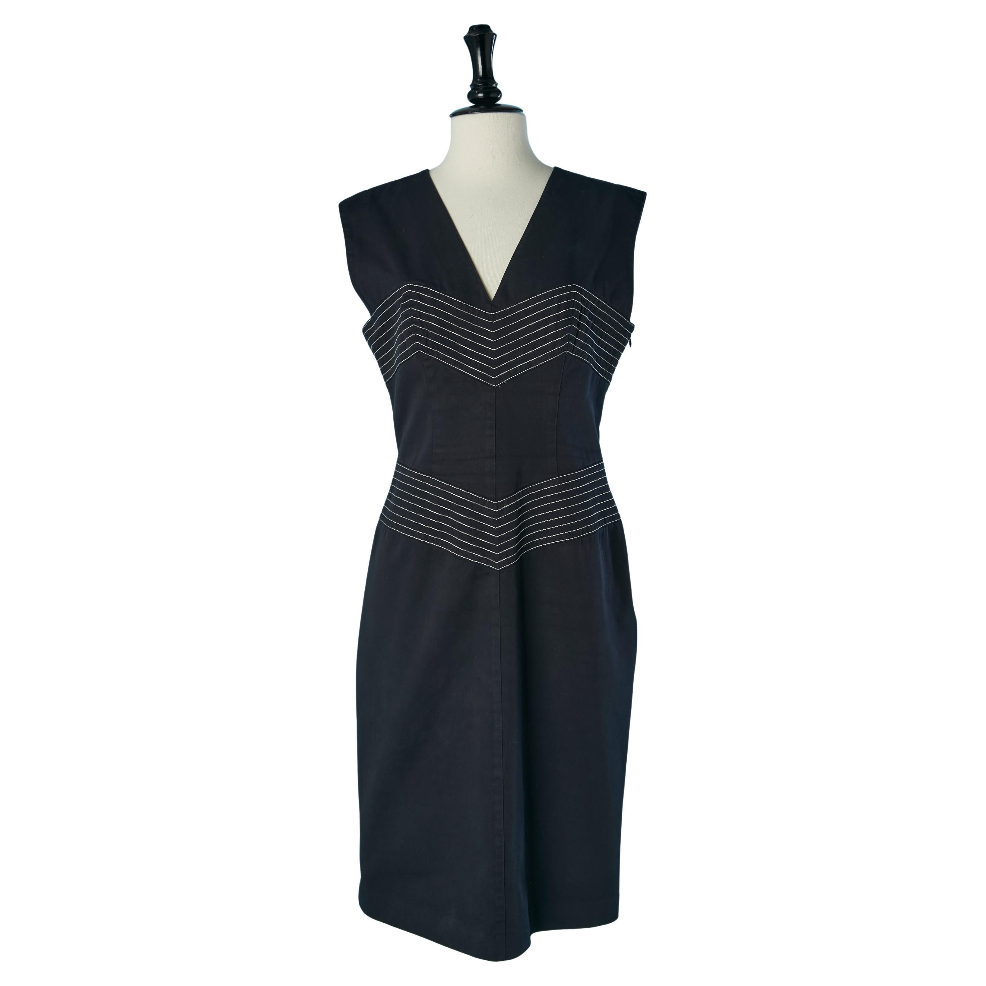 Navy blue cotton sleeveless dress with top-stitching THIERRY MUGLER COUTURE