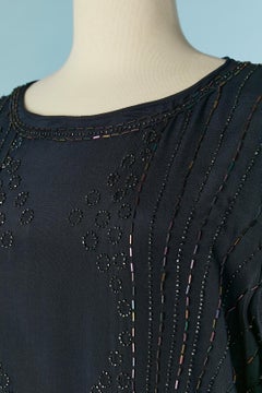 Navy blue crêpe beaded cocktail dress with silk chiffon sleeve Circa 1920's