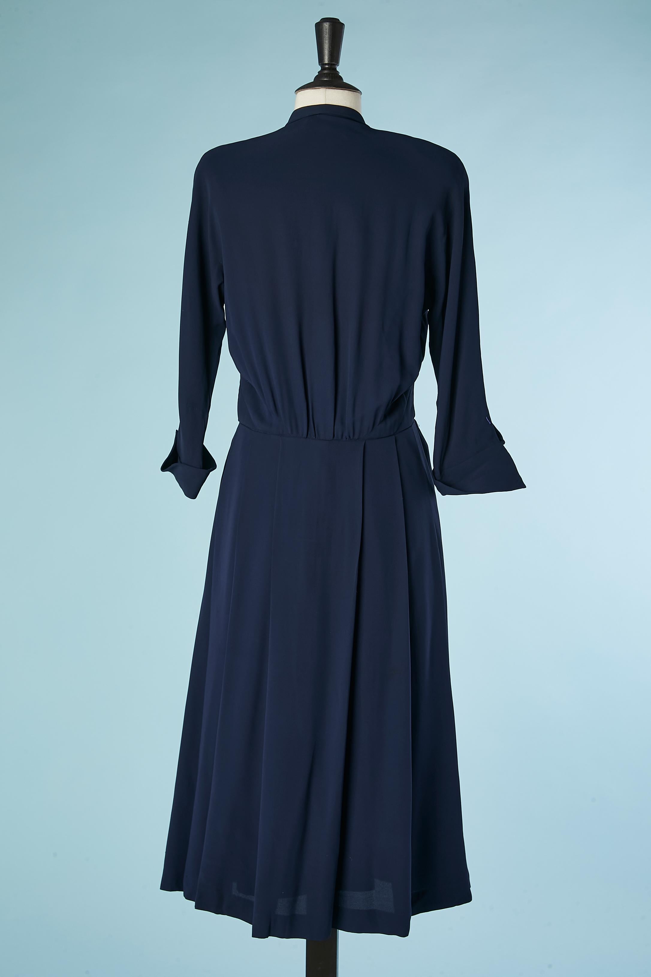 Women's Navy blue crepe cocktail dress pleated on the bust Jeanne Lanvin Castillo  For Sale