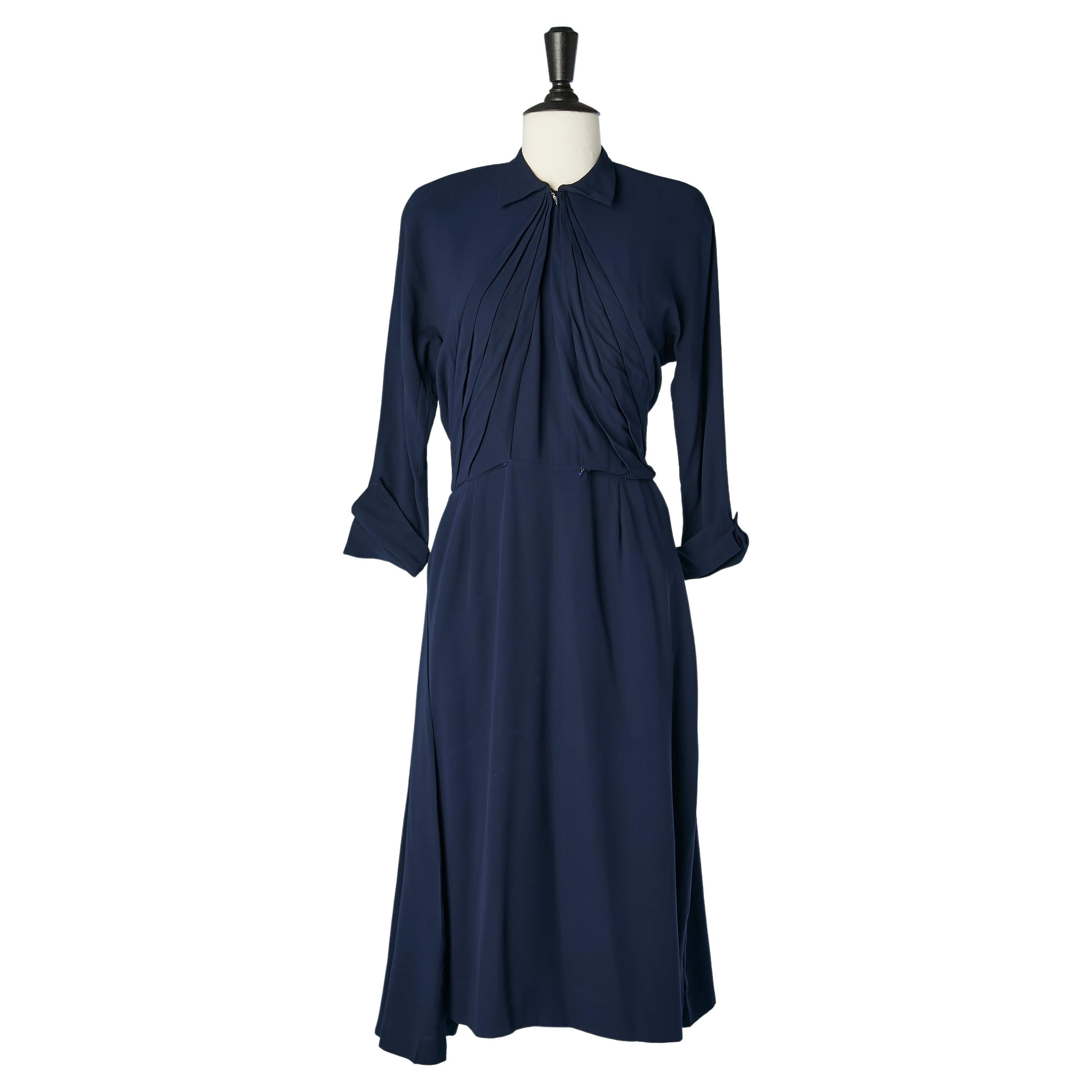 Navy blue crepe cocktail dress pleated on the bust Jeanne Lanvin Castillo  For Sale