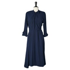 Navy blue crepe cocktail dress pleated on the bust Jeanne Lanvin Castillo 