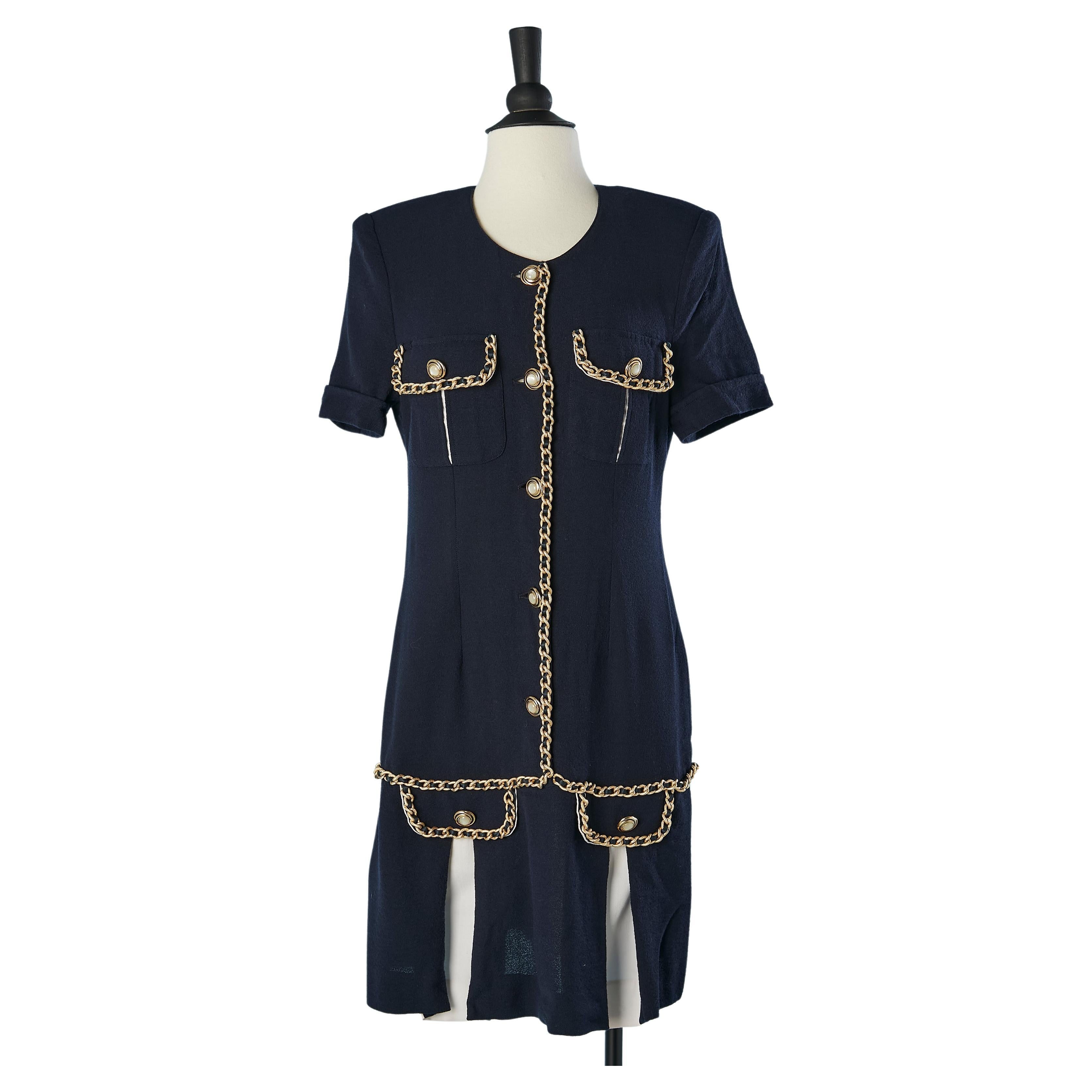 Navy blue crêpe cocktail dress with gold chain piping Versus Gianni Versace  For Sale