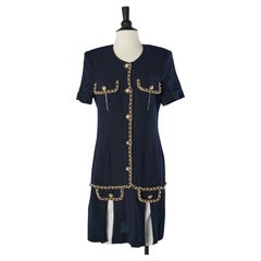 Navy blue crêpe cocktail dress with gold chain piping Versus Gianni Versace 