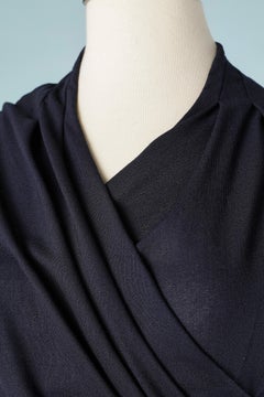 Navy blue crepe drape and wrap cocktail dress with glass buttons Azzaro Paris