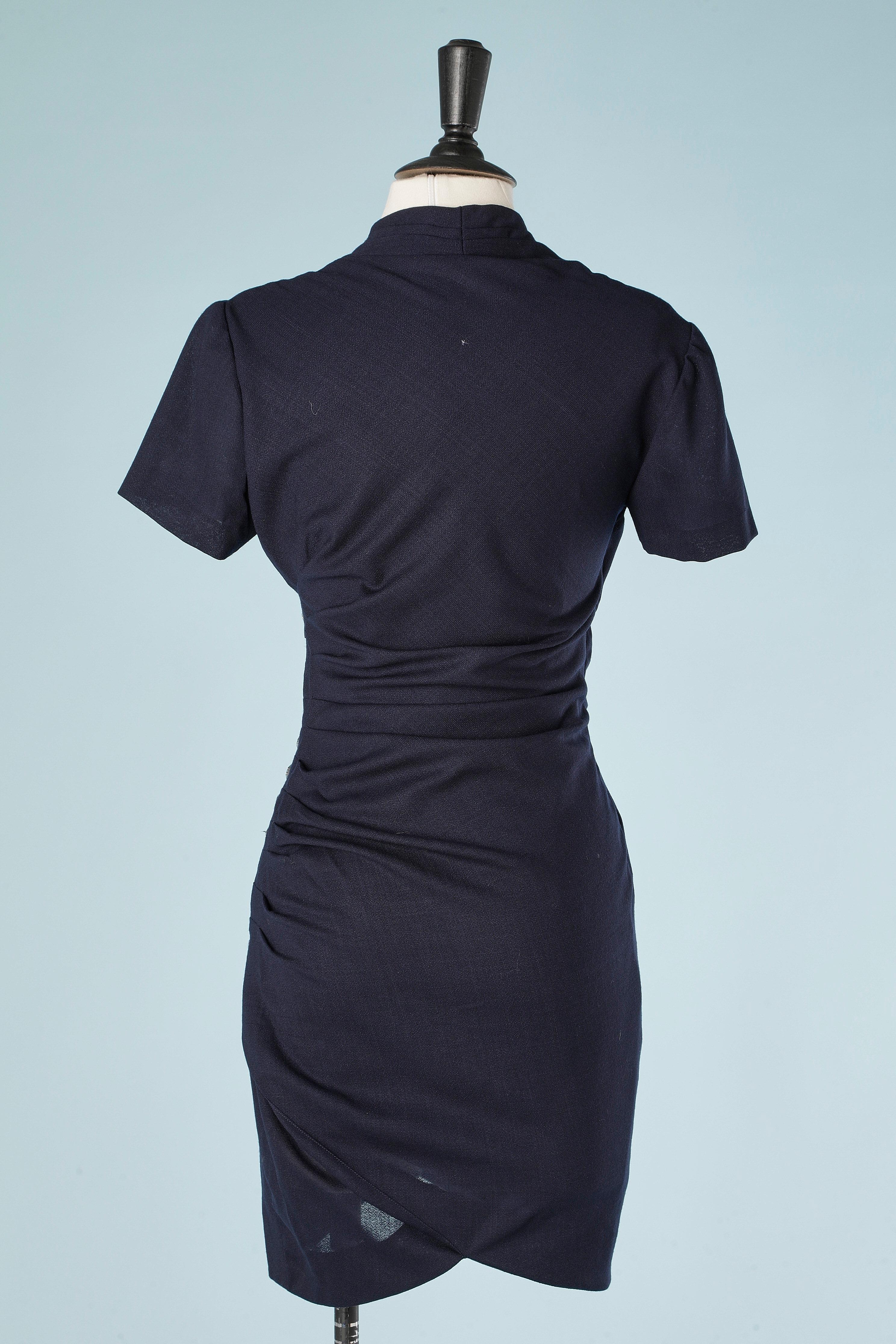 Navy blue crepe drape and wrap cocktail dress with glass buttons Azzaro Paris  1