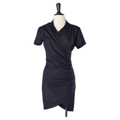 Navy blue crepe drape and wrap cocktail dress with glass buttons Azzaro Paris 