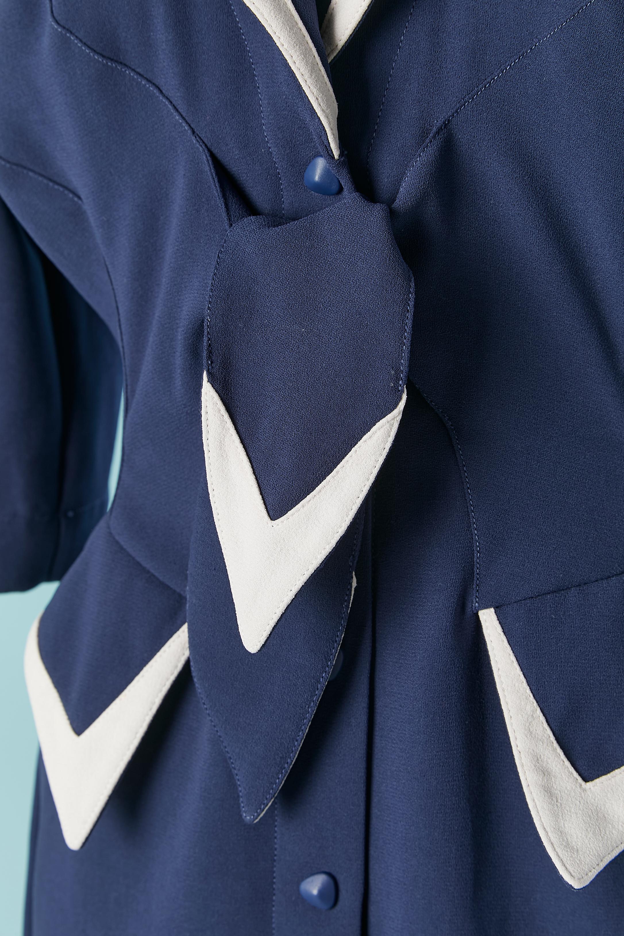 Purple Navy blue crepe dress with white details and bow Thierry Mugler For Sale