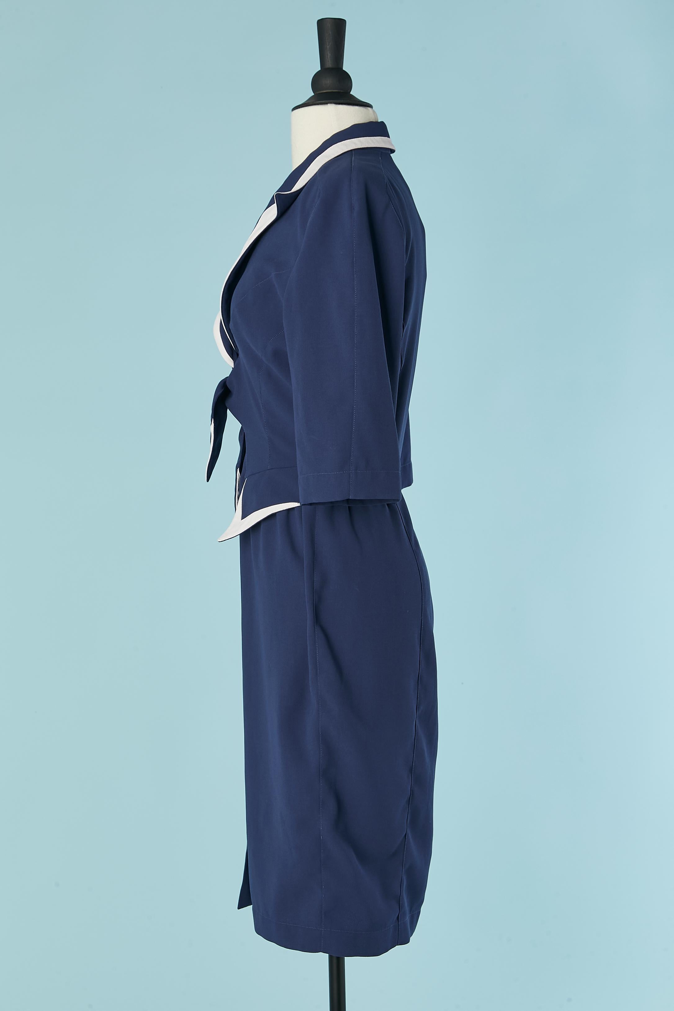 Women's Navy blue crepe dress with white details and bow Thierry Mugler For Sale