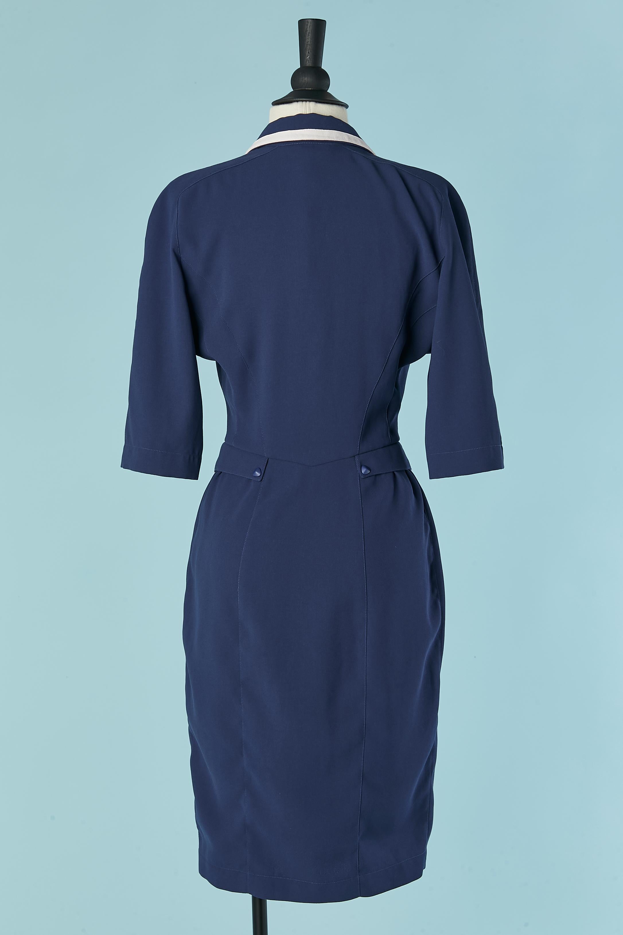 Navy blue crepe dress with white details and bow Thierry Mugler For Sale 1