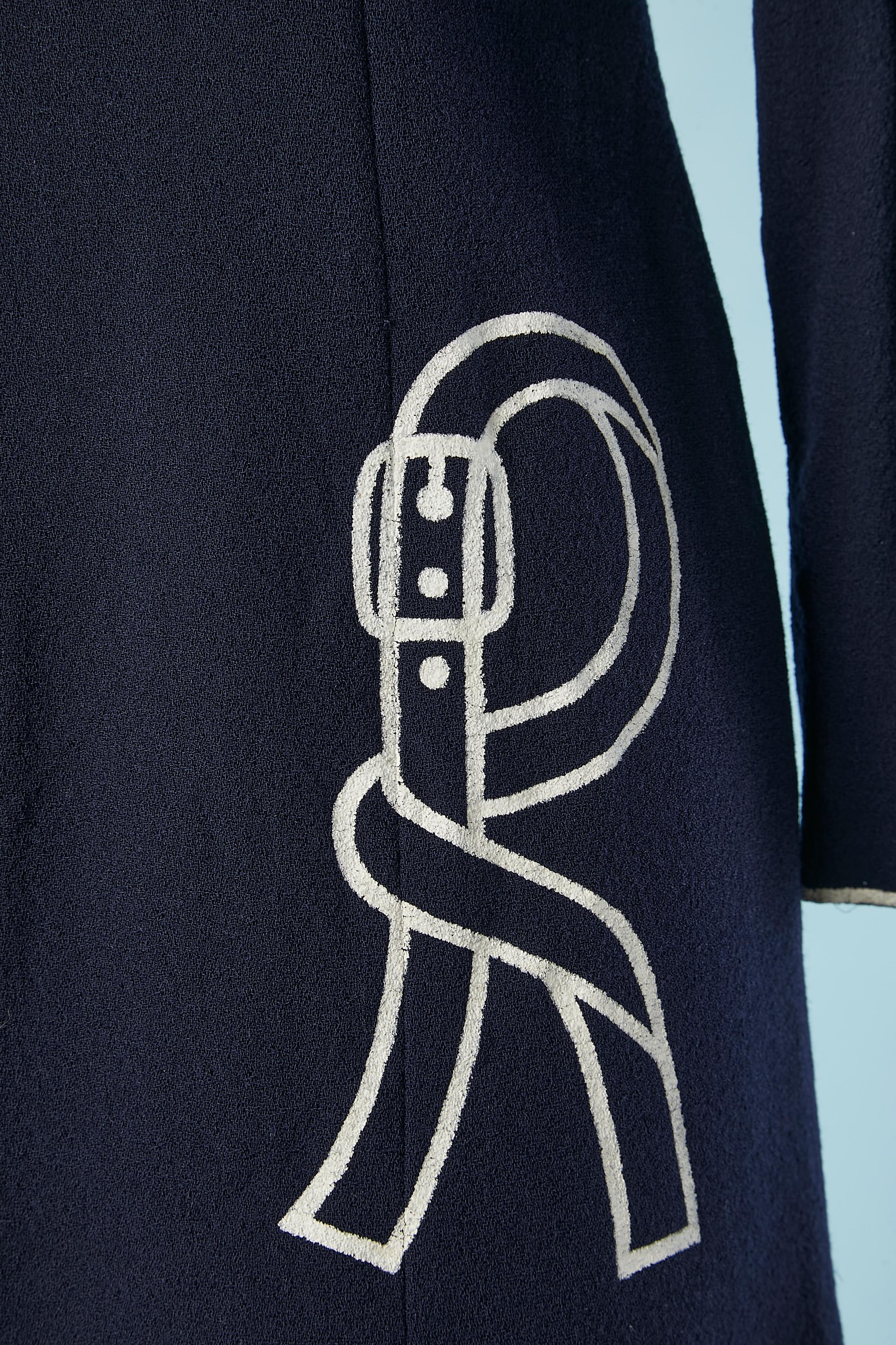 Marineblaues Crêpe-Kleid mit weißer handgemalter Paspel  Roberta Di Camerino im Zustand „Hervorragend“ im Angebot in Saint-Ouen-Sur-Seine, FR