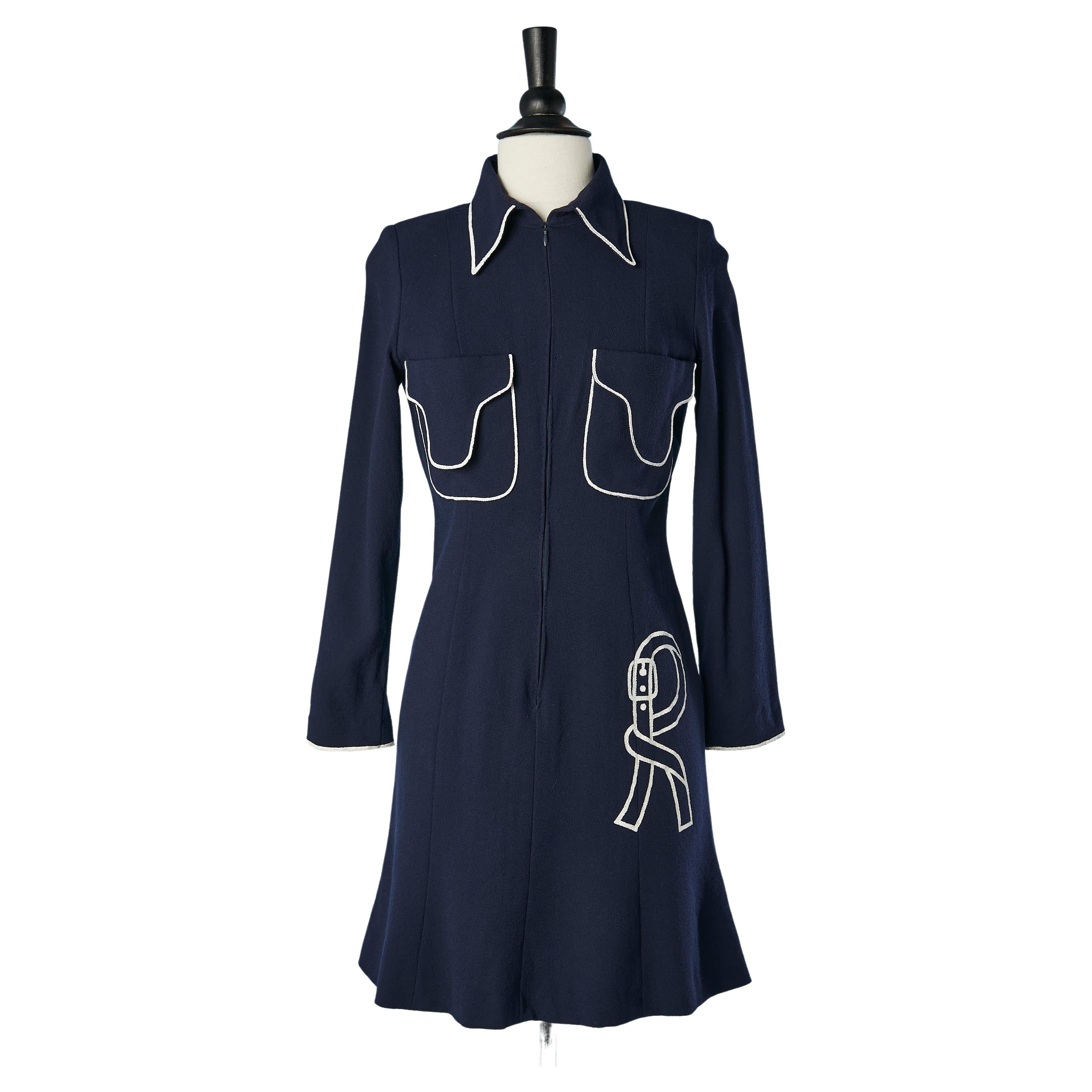 Navy blue crêpe dress with white hand painting piping  Roberta Di Camerino For Sale