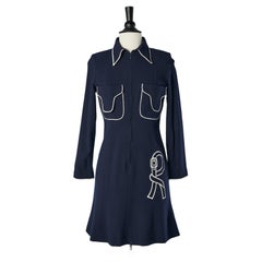 Vintage Navy blue crêpe dress with white hand painting piping  Roberta Di Camerino
