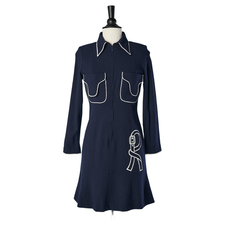 Navy blue crpe dress with white hand painting piping Roberta Di Camerino  For Sale at 1stDibs | blue waitress dress, zara dress painting, zara  painting dress
