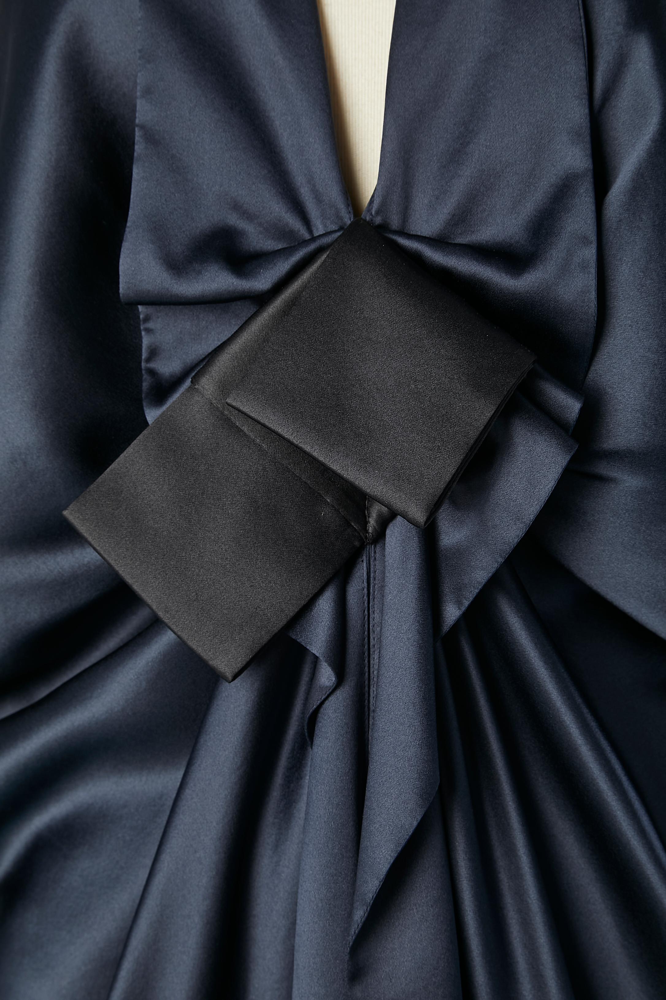 Navy blue draped cocktail dress with black satin bow Lanvin by Alber Elbaz  In Excellent Condition For Sale In Saint-Ouen-Sur-Seine, FR