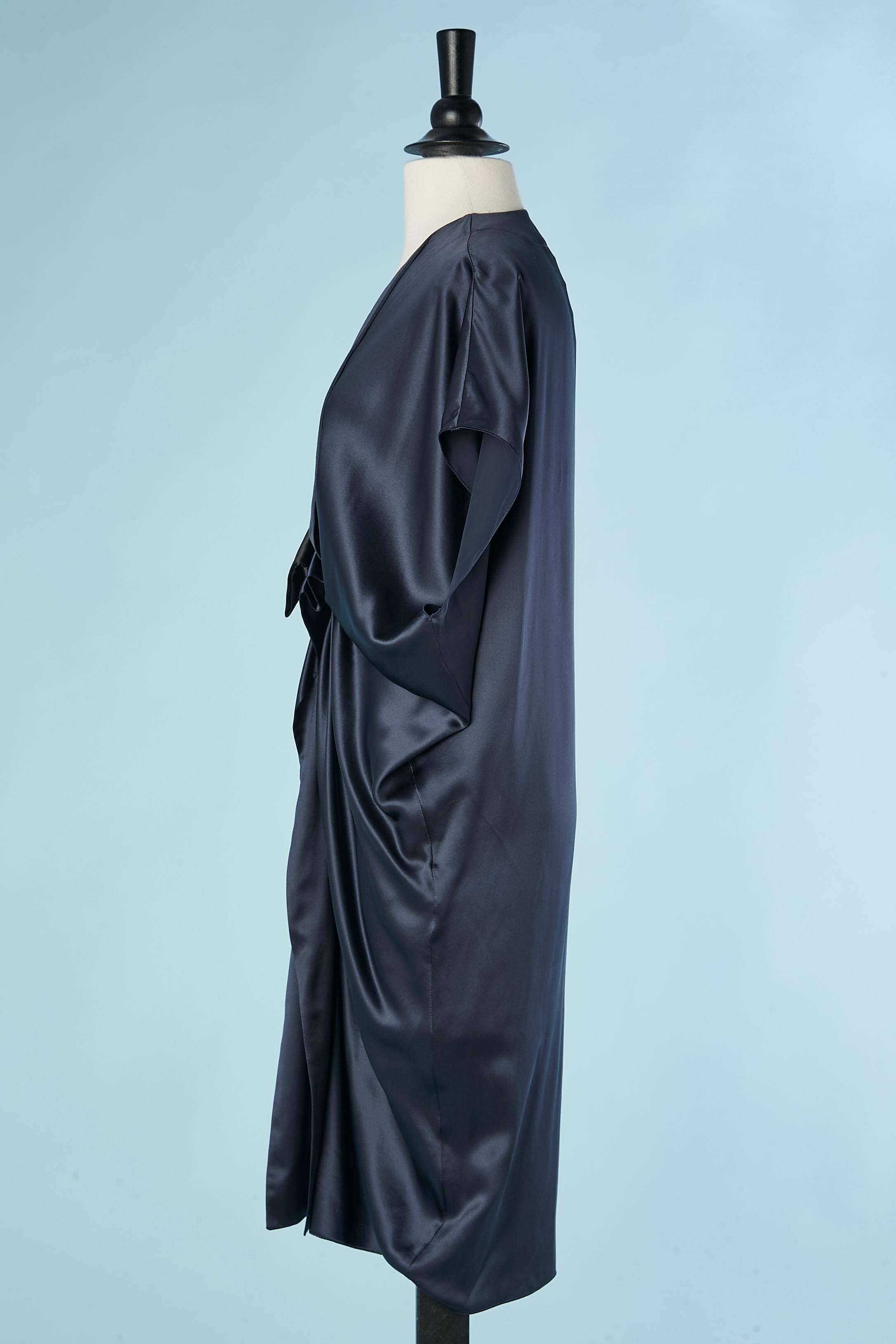 Navy blue draped cocktail dress with black satin bow Lanvin by Alber Elbaz  For Sale 1