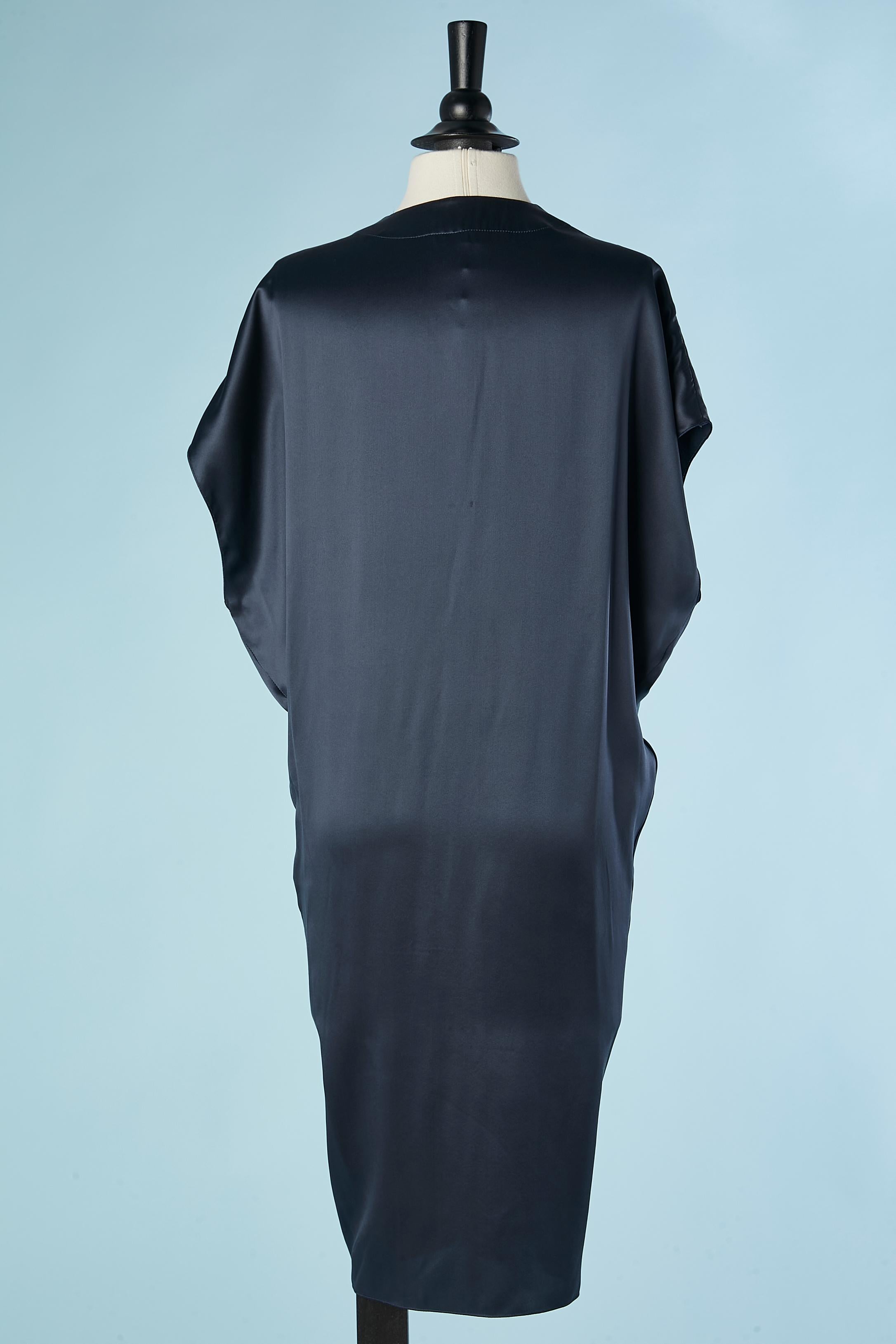 Navy blue draped cocktail dress with black satin bow Lanvin by Alber Elbaz  For Sale 2