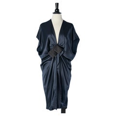 Navy blue draped cocktail dress with black satin bow Lanvin by Alber Elbaz 