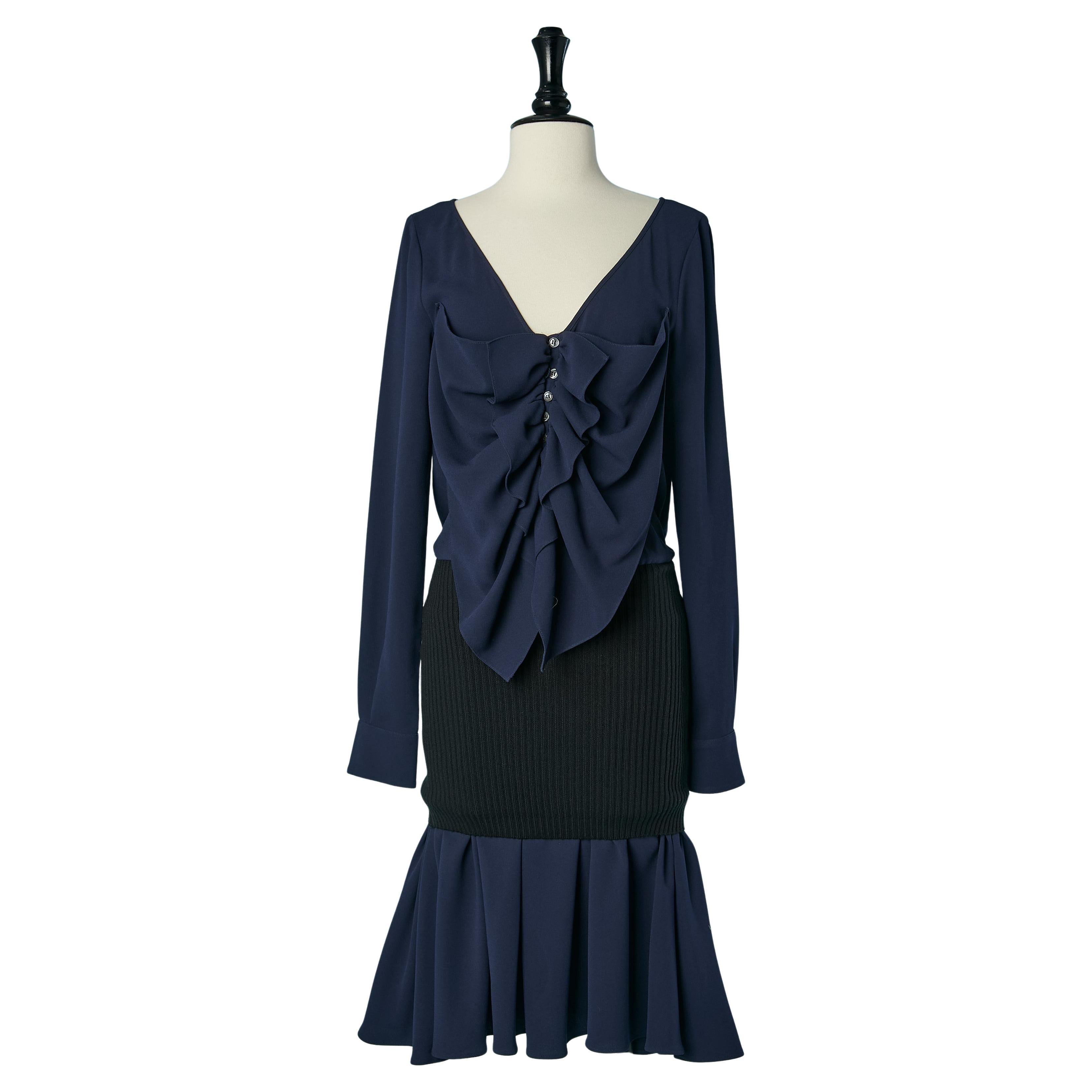 Robe bleu marine à volants et nervures de laine autour des hanches John Galliano