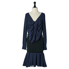 Navy blue dress with ruffle jabot and wool ribs around the hips John Galliano