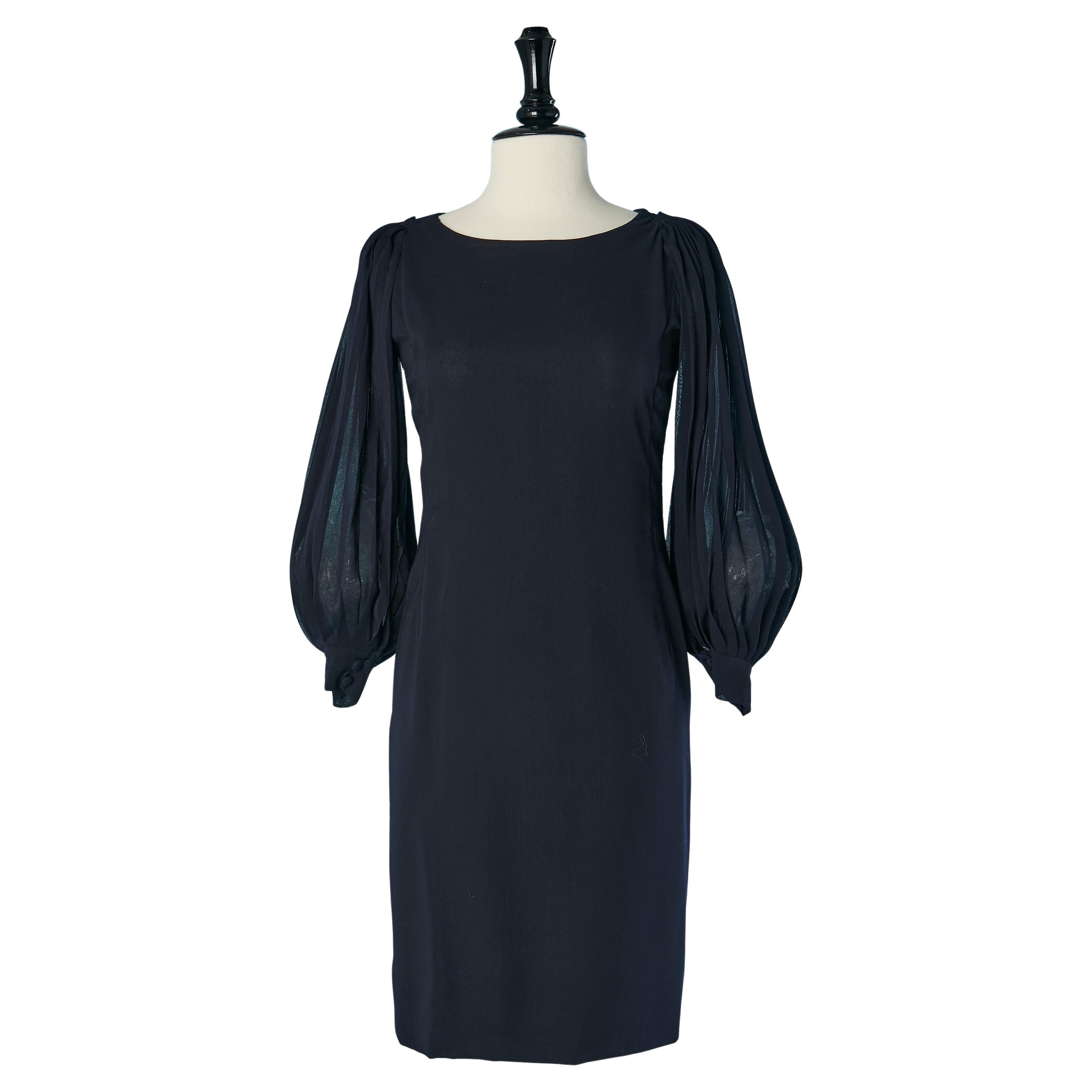 Navy blue dress with sunray pleated sleeves PIERRE CARDIN For Sale