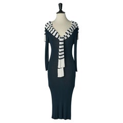 Navy blue dress with "trompe l'oeil" sweater on the shoulder Jean-Paul Gaultier