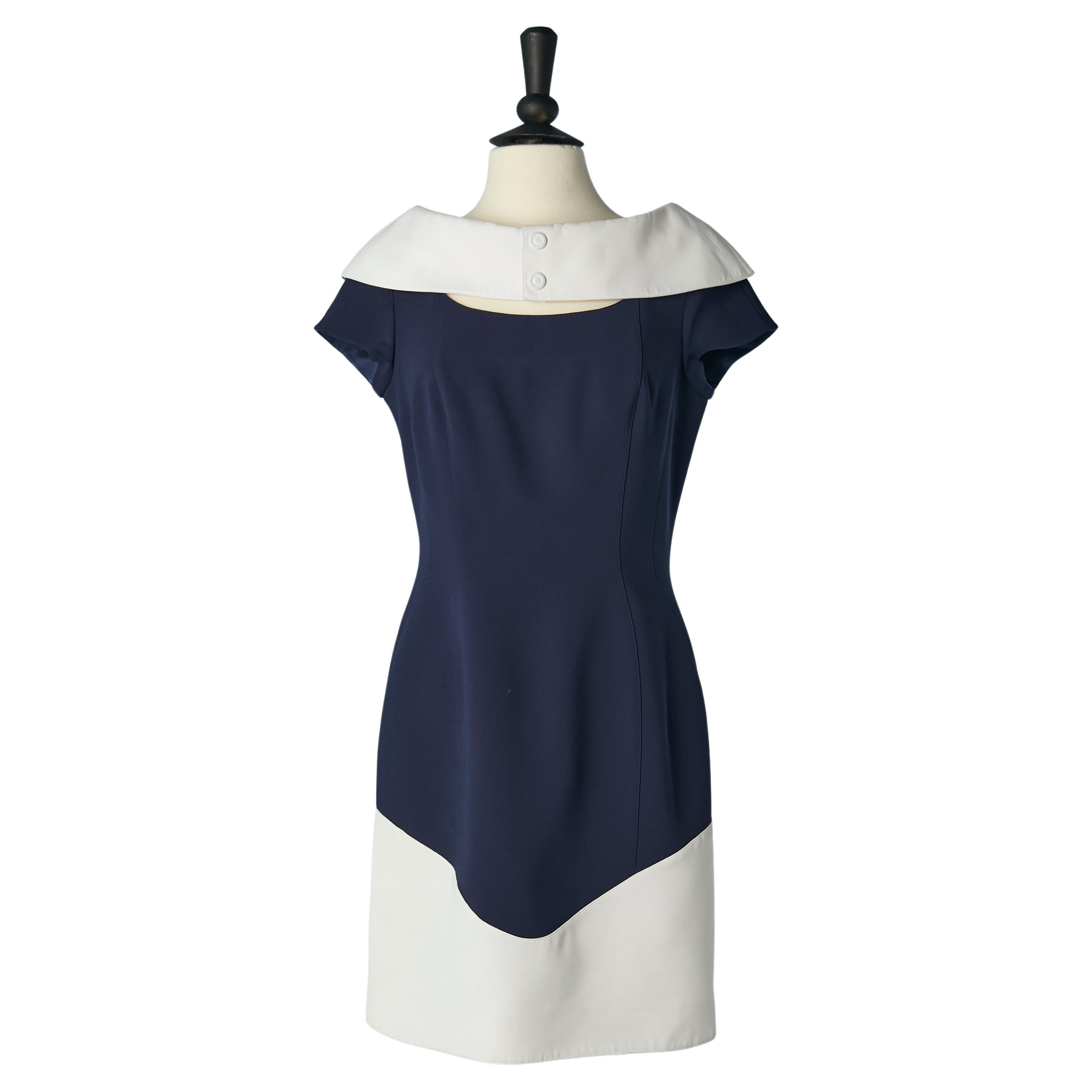 Navy blue dress with white collar and edge Thierry Mugler  For Sale