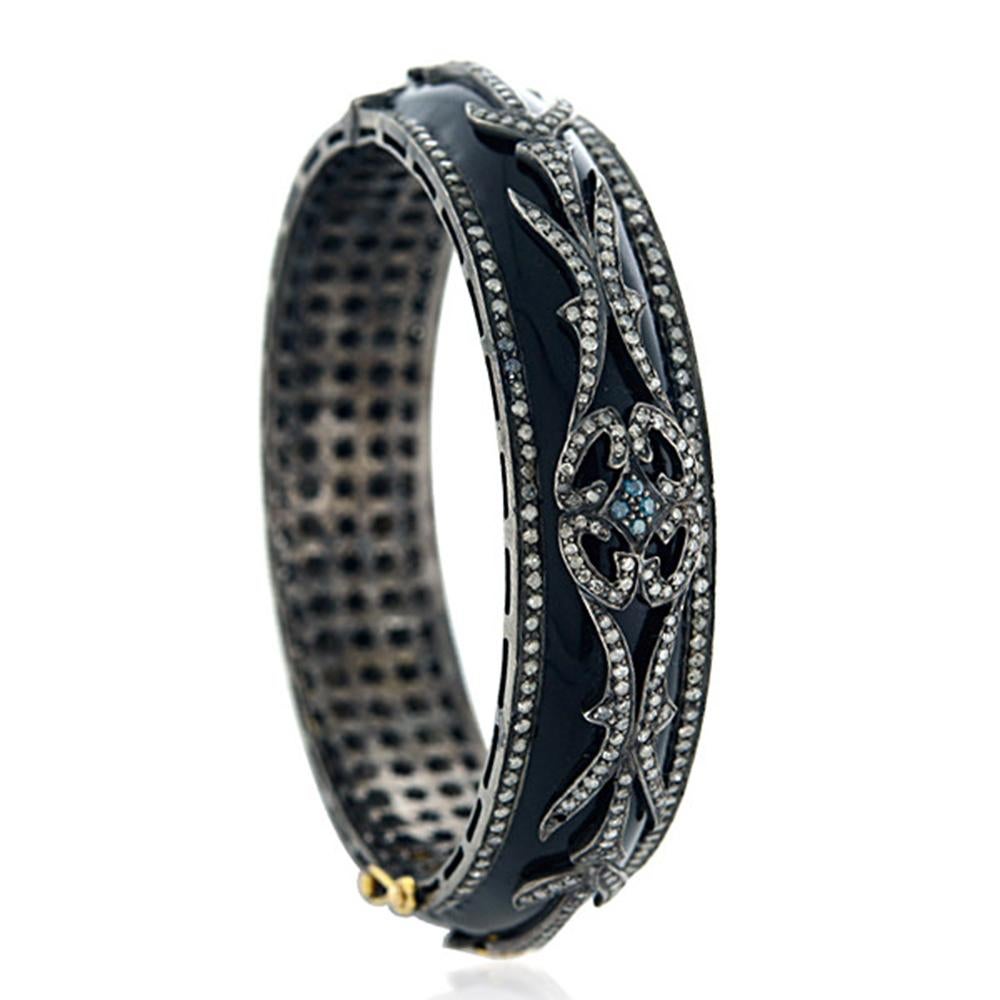 Modern Navy Blue Enamel Bangle with Pave Diamonds Made in 18k Gold & Silver For Sale