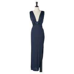 Navy blue evening dress draped and beadwork on the waist Roberto Cavalli