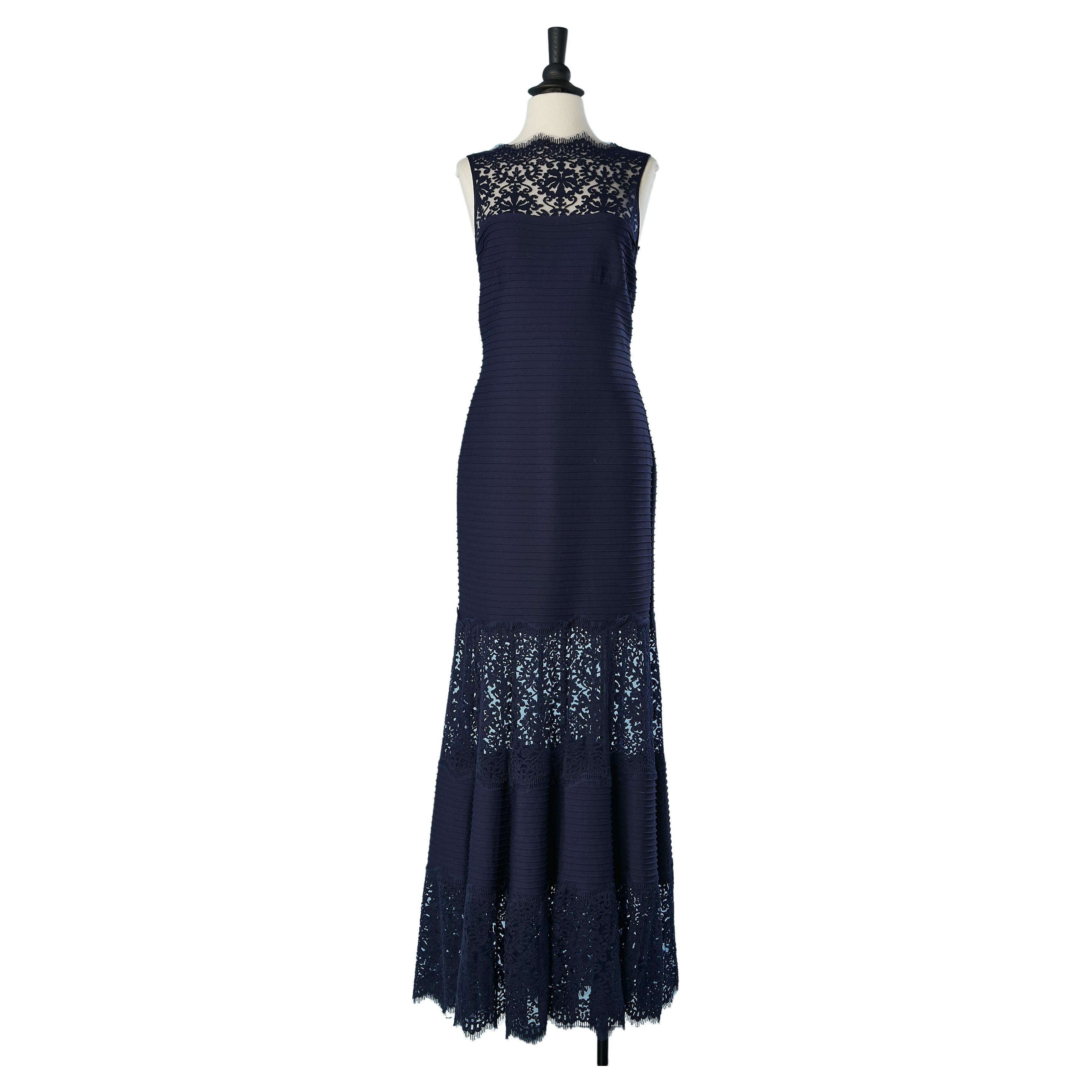 Navy blue evening dress in top-stitched jersey and lace Tadashi Shoji New 