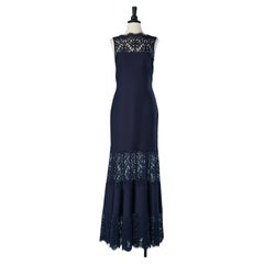 Navy blue evening dress in top-stitched jersey and lace Tadashi Shoji New 