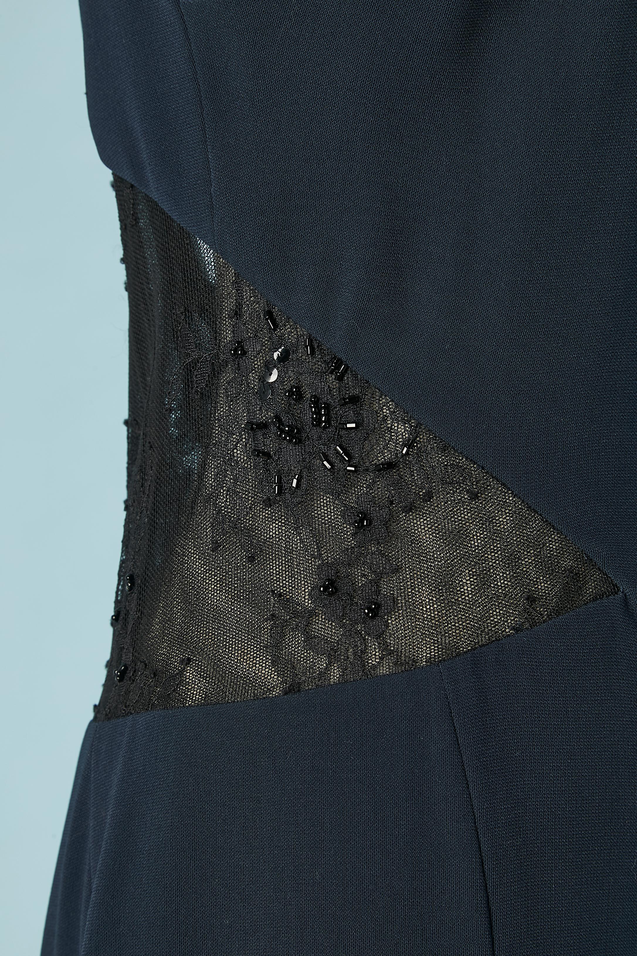 Black Navy blue evening dress with black lace, sequin and beads inset Lorena Sarbu For Sale