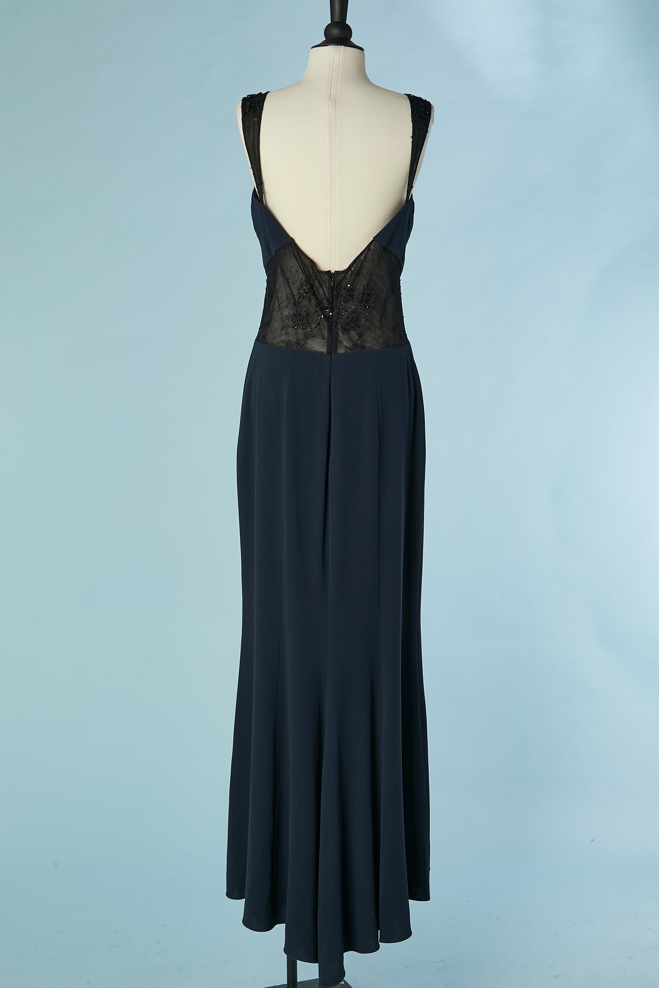 Navy blue evening dress with black lace, sequin and beads inset Lorena Sarbu  For Sale 1