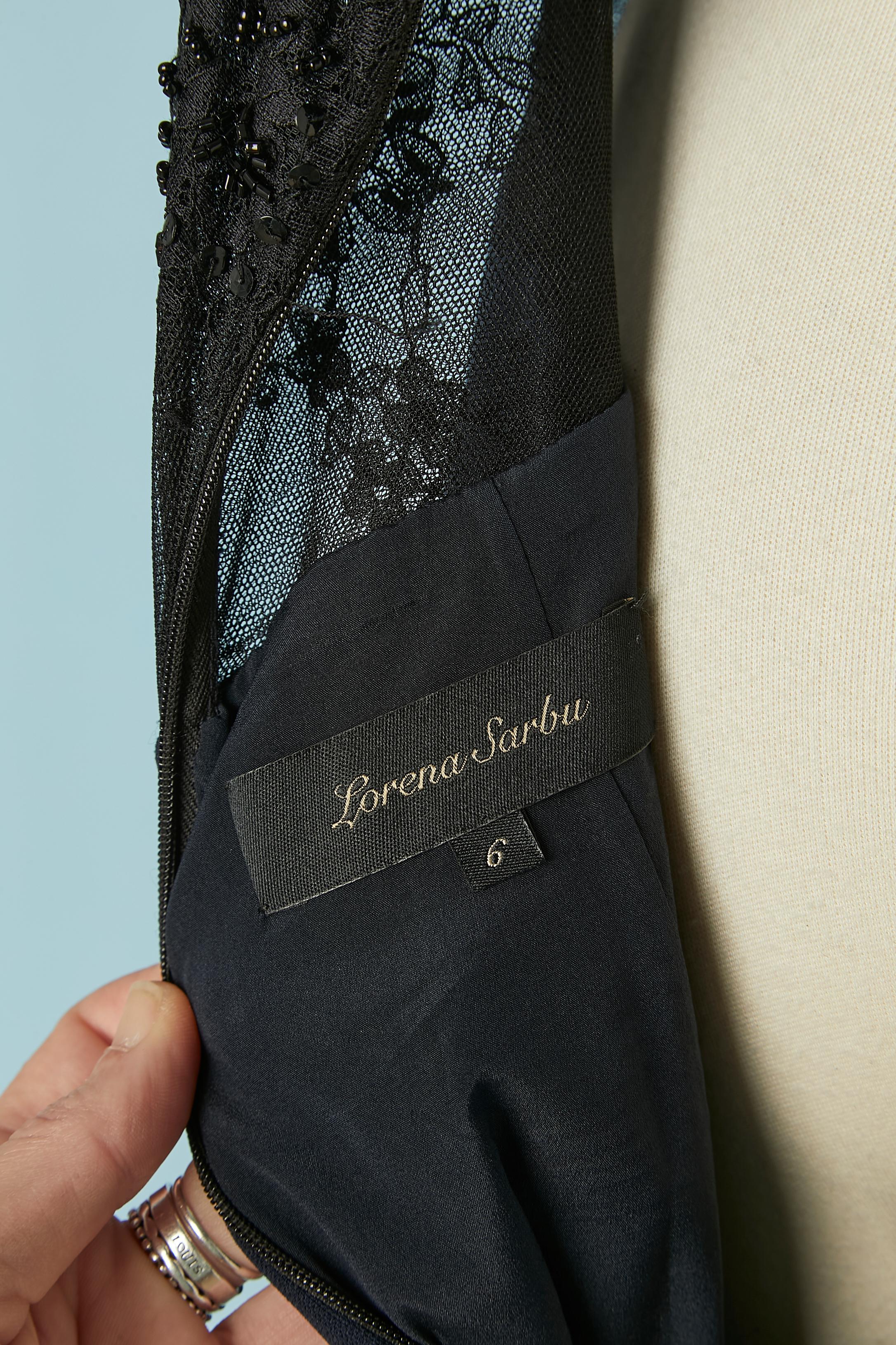 Navy blue evening dress with black lace, sequin and beads inset Lorena Sarbu For Sale 2