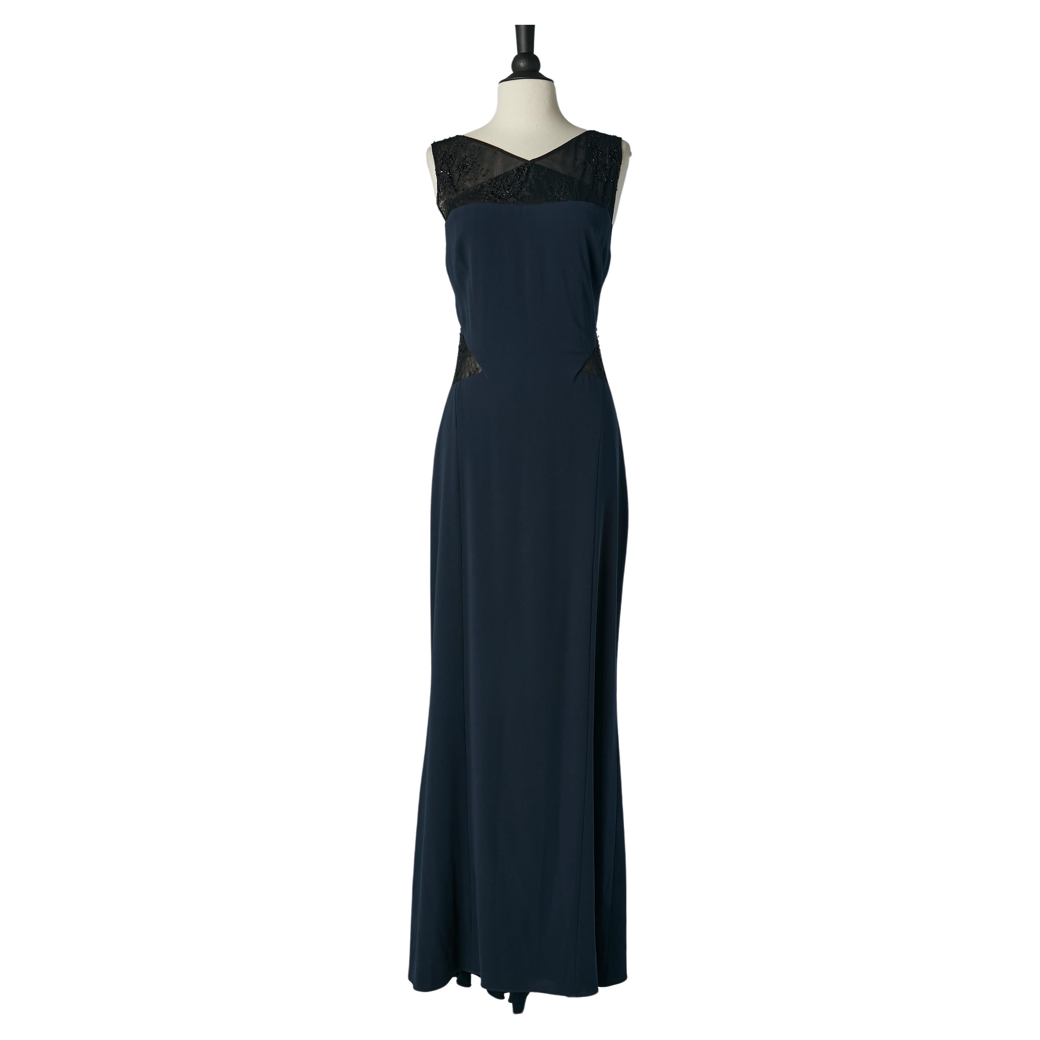 Navy blue evening dress with black lace, sequin and beads inset Lorena Sarbu  For Sale